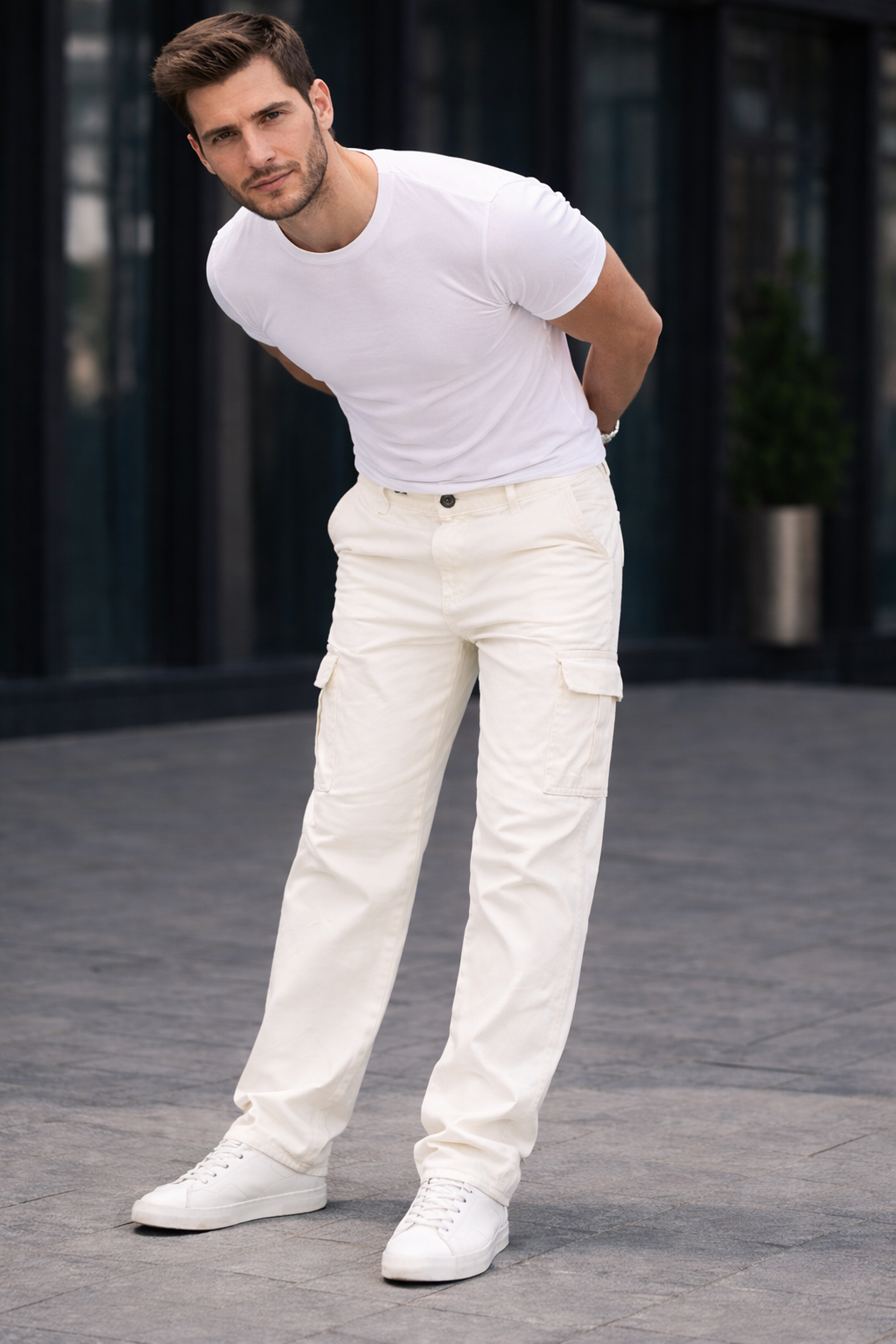Erkek Trend Bol Paça Günlük Kargo Beyaz Baggy Pantolon
