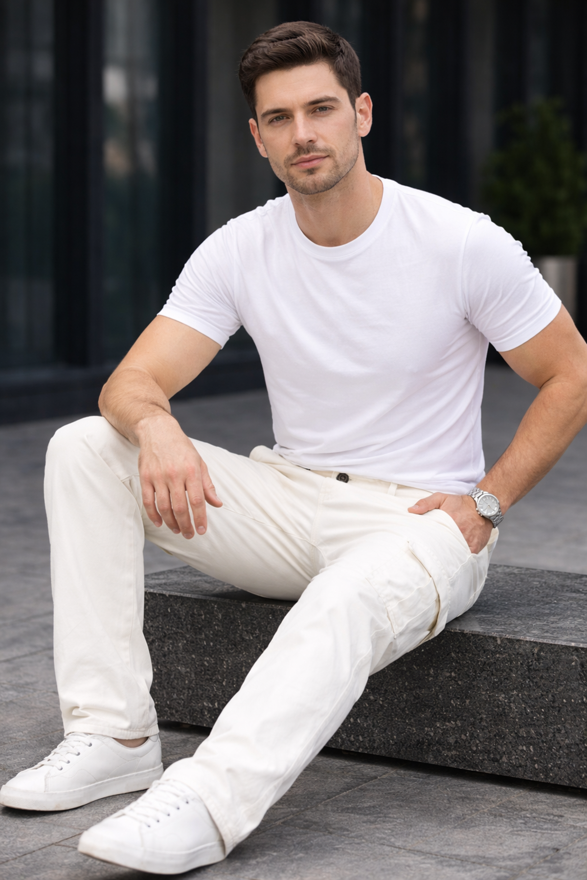 Erkek Trend Bol Paça Günlük Kargo Beyaz Baggy Pantolon