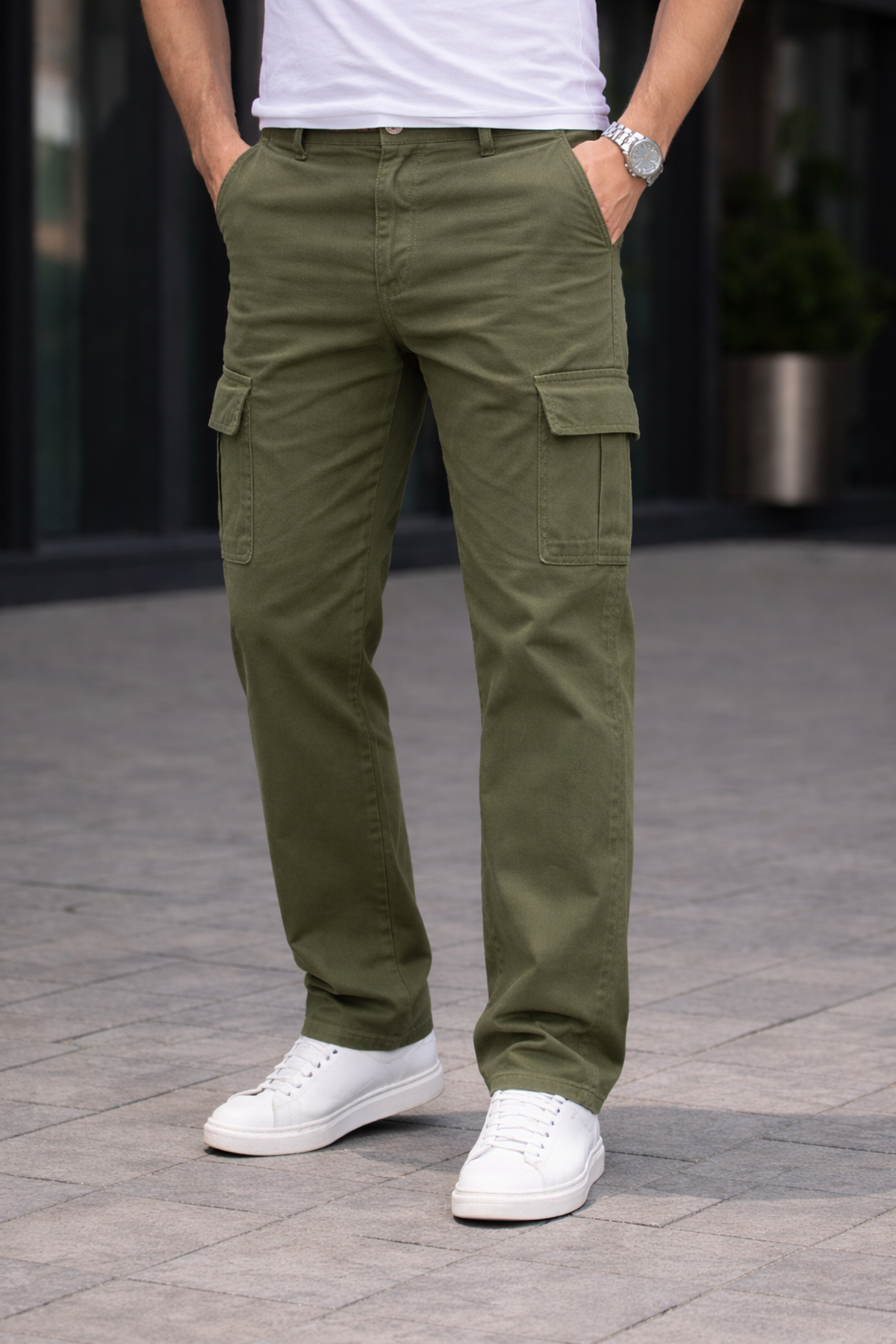 Erkek Trend Bol Paça Günlük Kargo Haki Baggy Pantolon