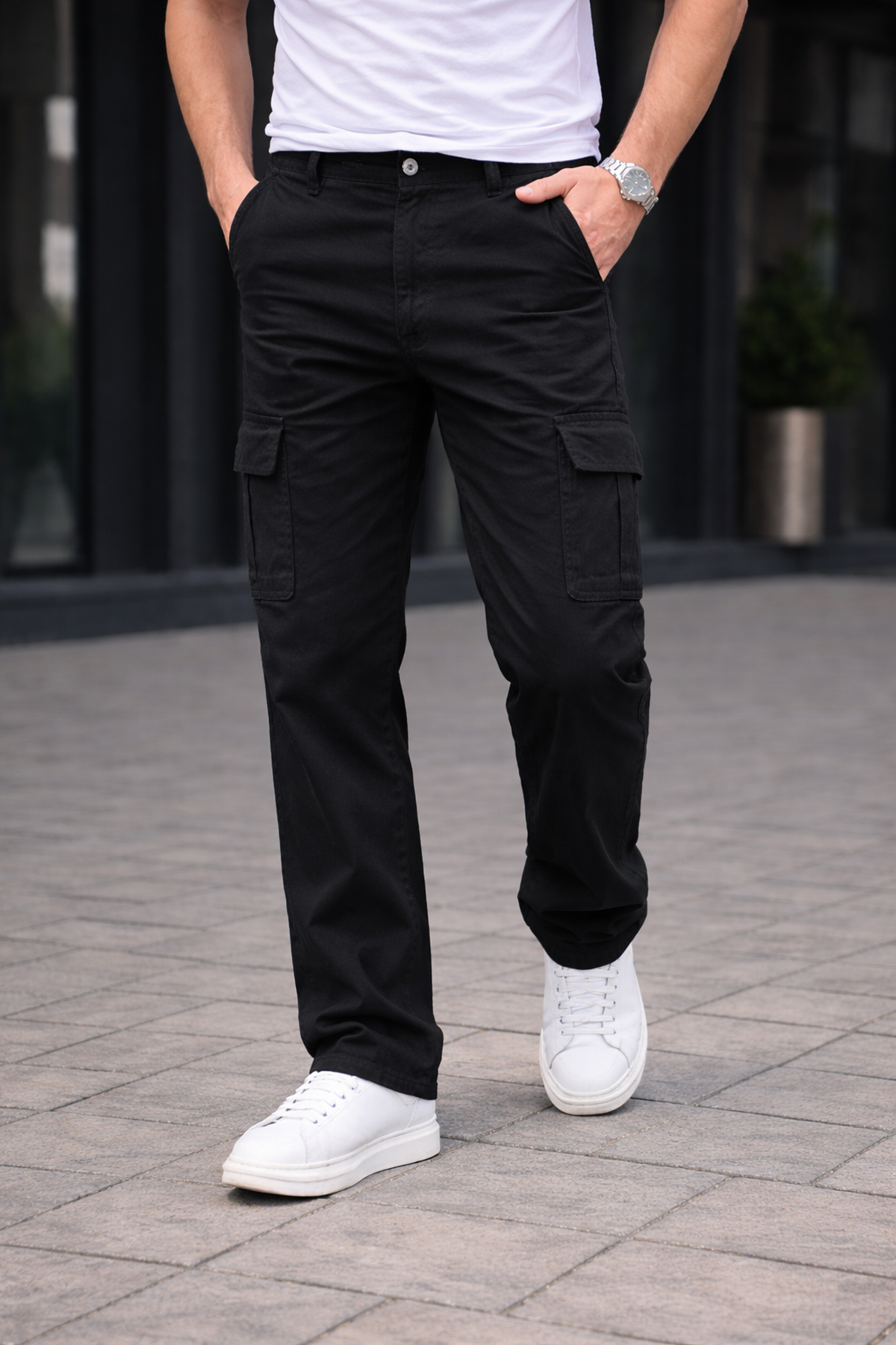 Erkek Trend Bol Paça Günlük Kargo Siyah Baggy Pantolon