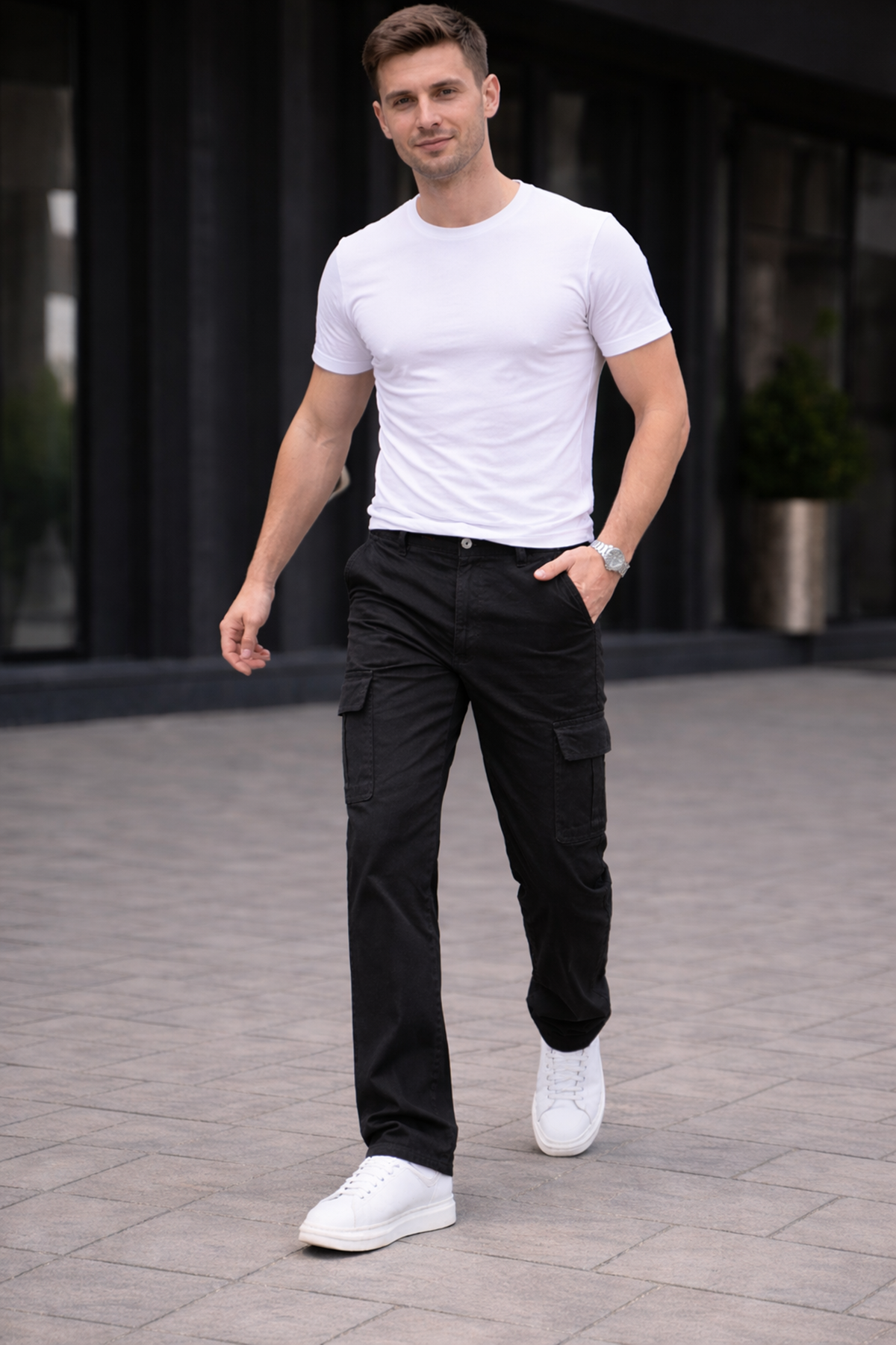 Erkek Trend Bol Paça Günlük Kargo Siyah Baggy Pantolon