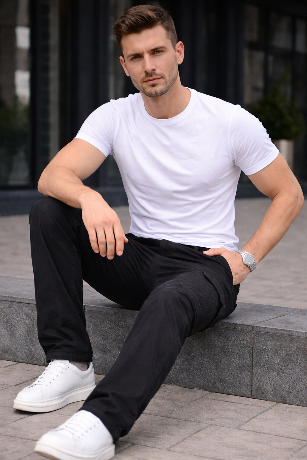 Erkek Trend Bol Paça Günlük Kargo Siyah Baggy Pantolon