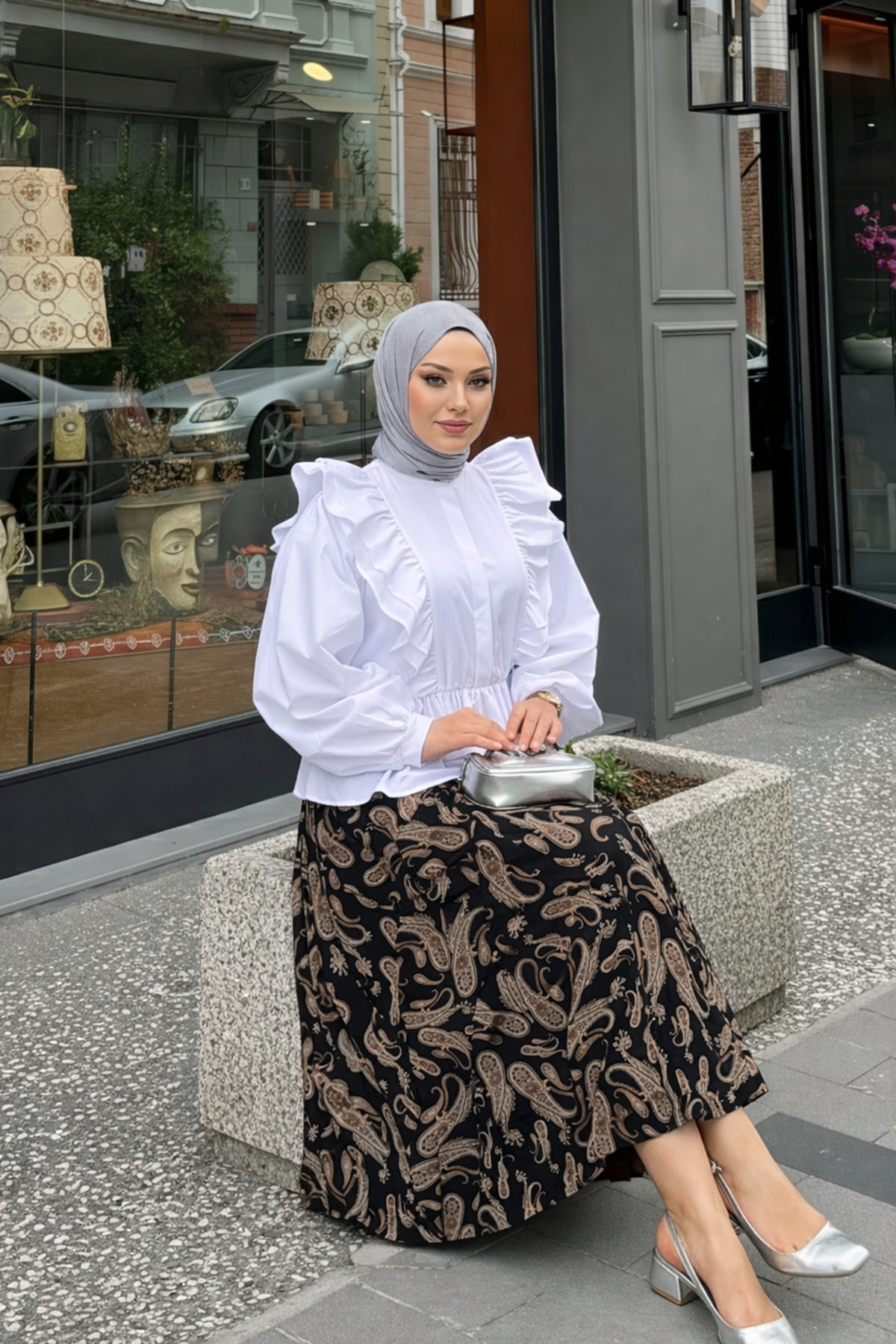 Kadın Desenli Trend Siyah Uzun Tül Tesettür Etek