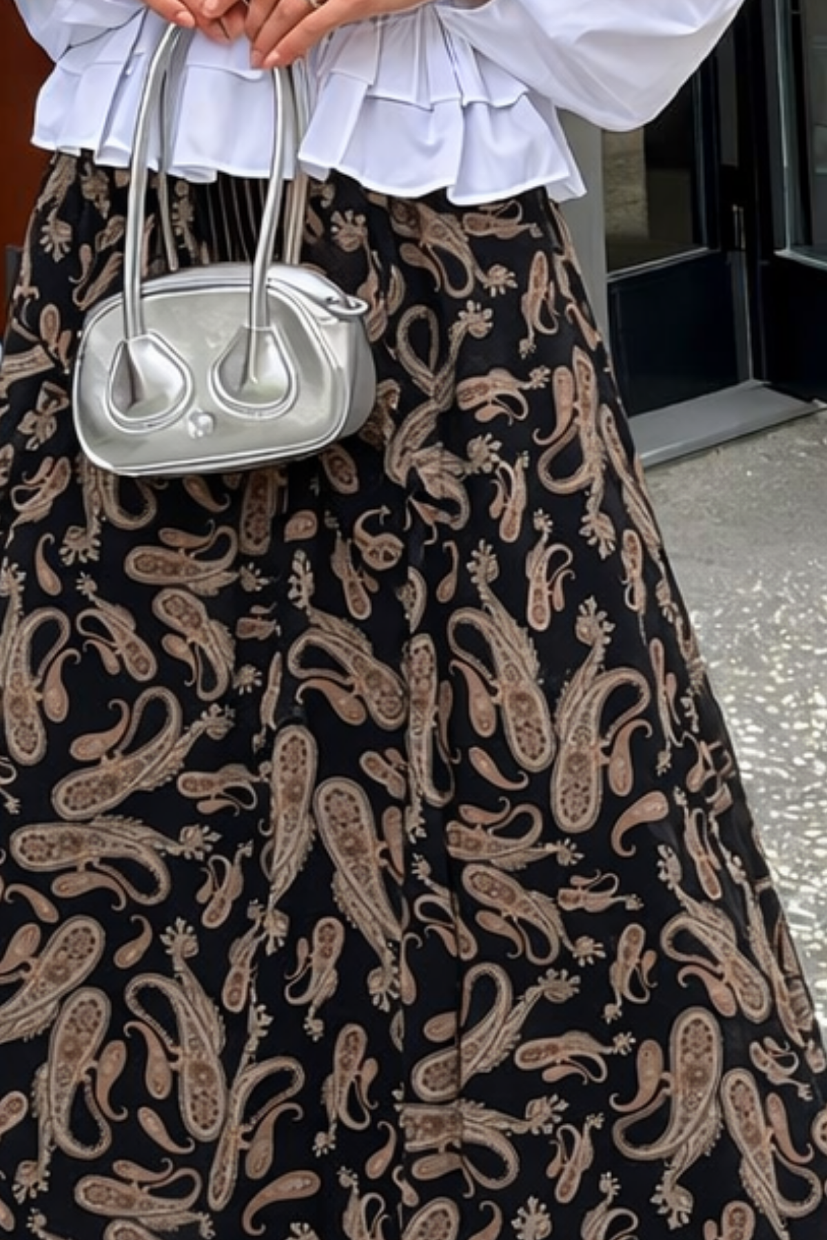 Kadın Desenli Trend Siyah Uzun Tül Tesettür Etek