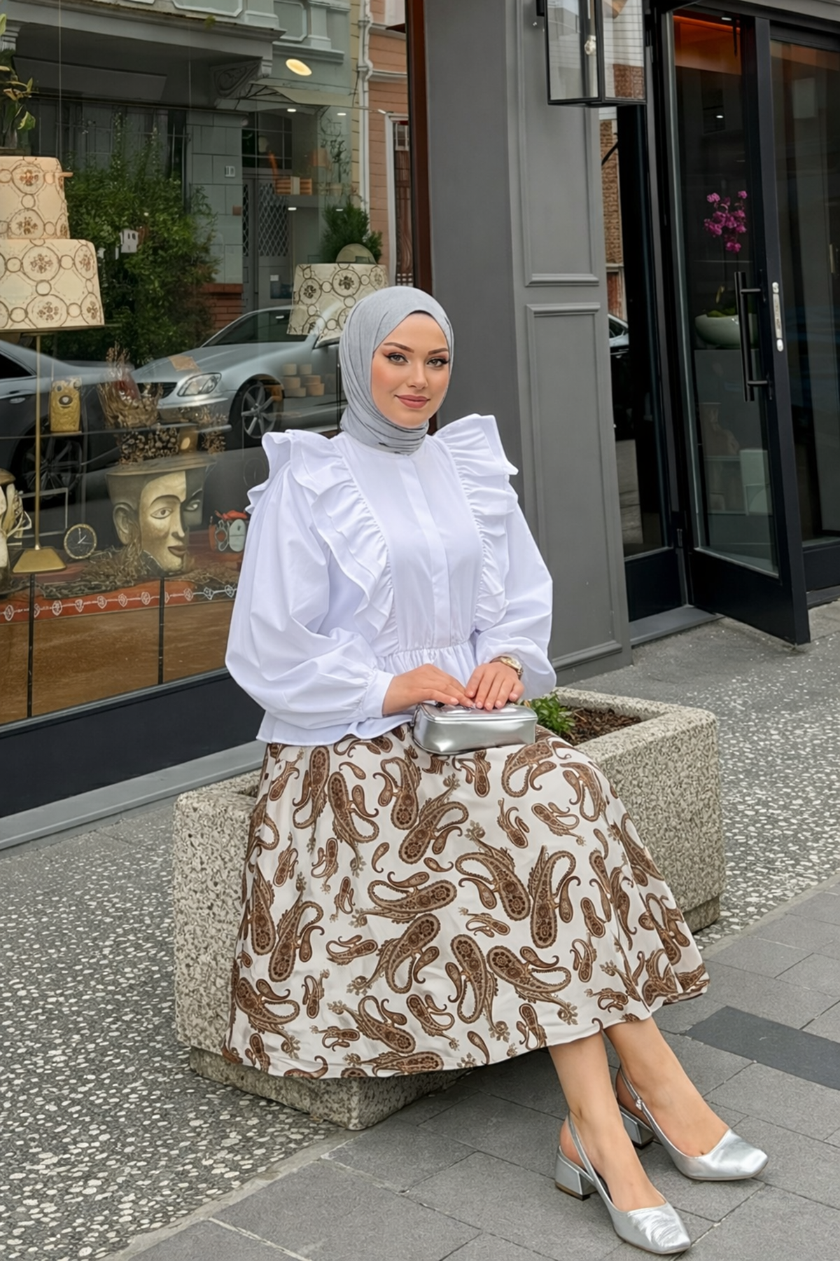 Kadın Desenli Trend Beyaz Uzun Tül Tesettür Etek