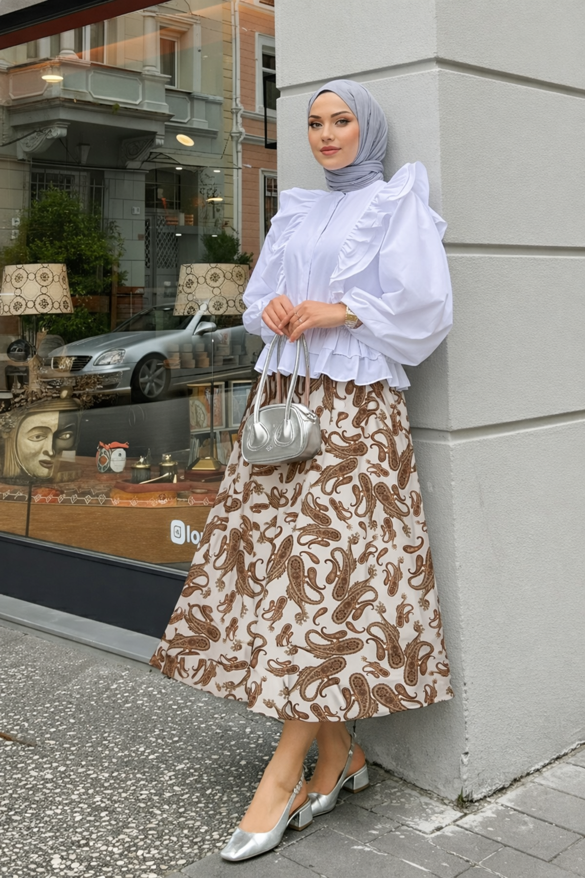 Kadın Desenli Trend Beyaz Uzun Tül Tesettür Etek