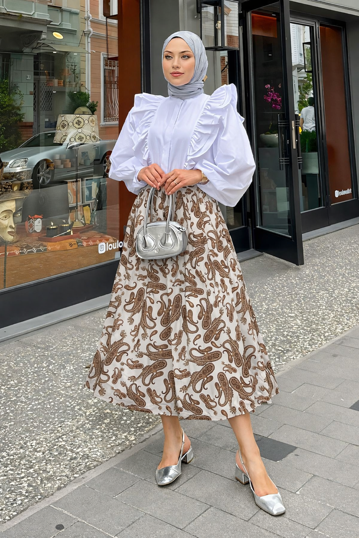 Kadın Desenli Trend Beyaz Uzun Tül Tesettür Etek