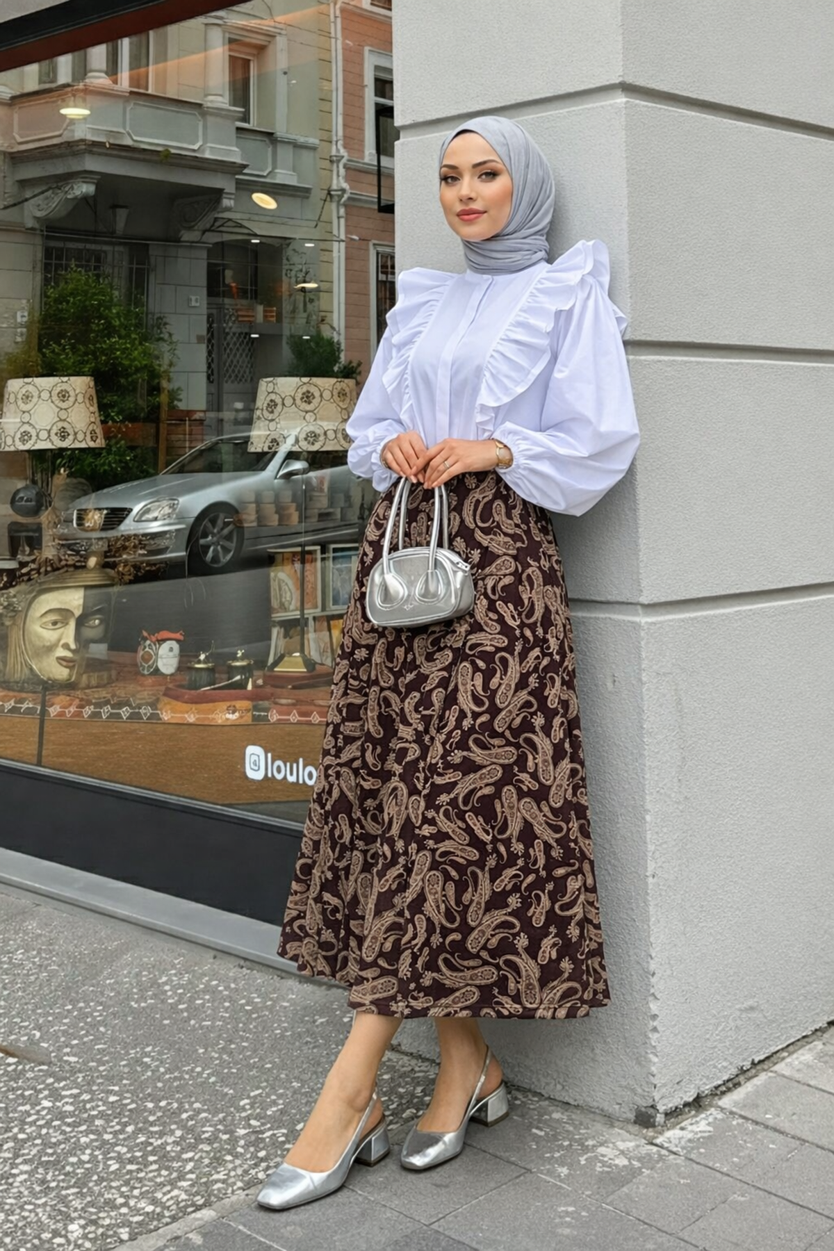 Kadın Desenli Trend Kahve Uzun Tül Tesettür Etek