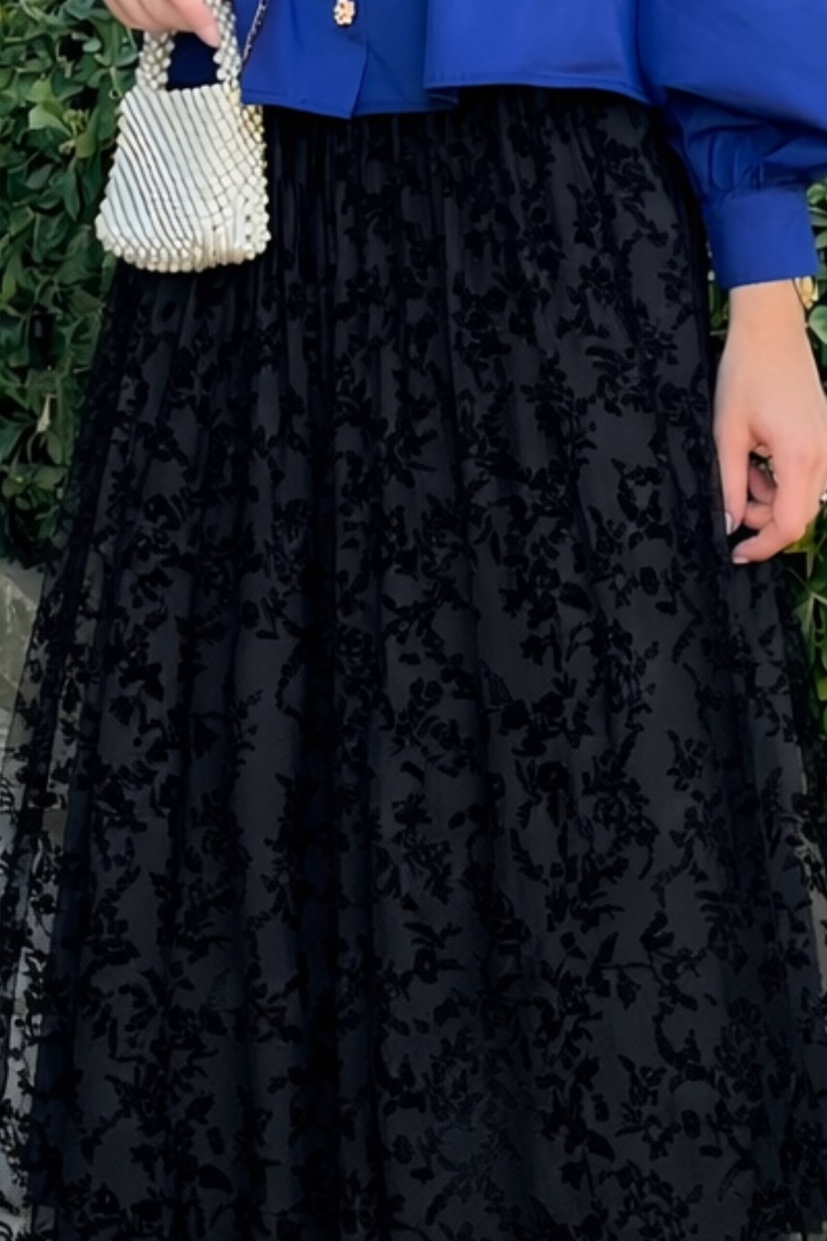 Kadın Premium Comfort Desenli Siyah Uzun Tül Tesettür Etek