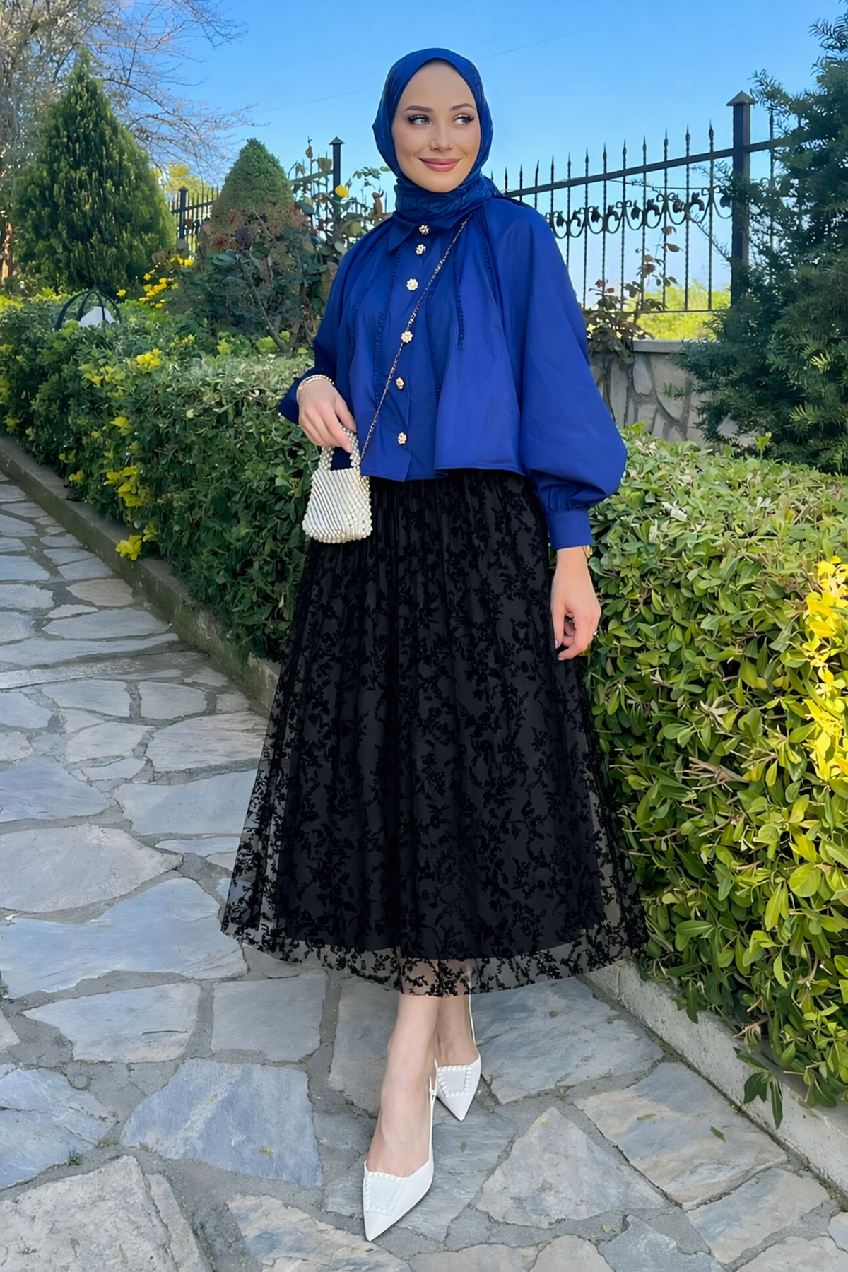 Kadın Premium Comfort Desenli Siyah Uzun Tül Tesettür Etek