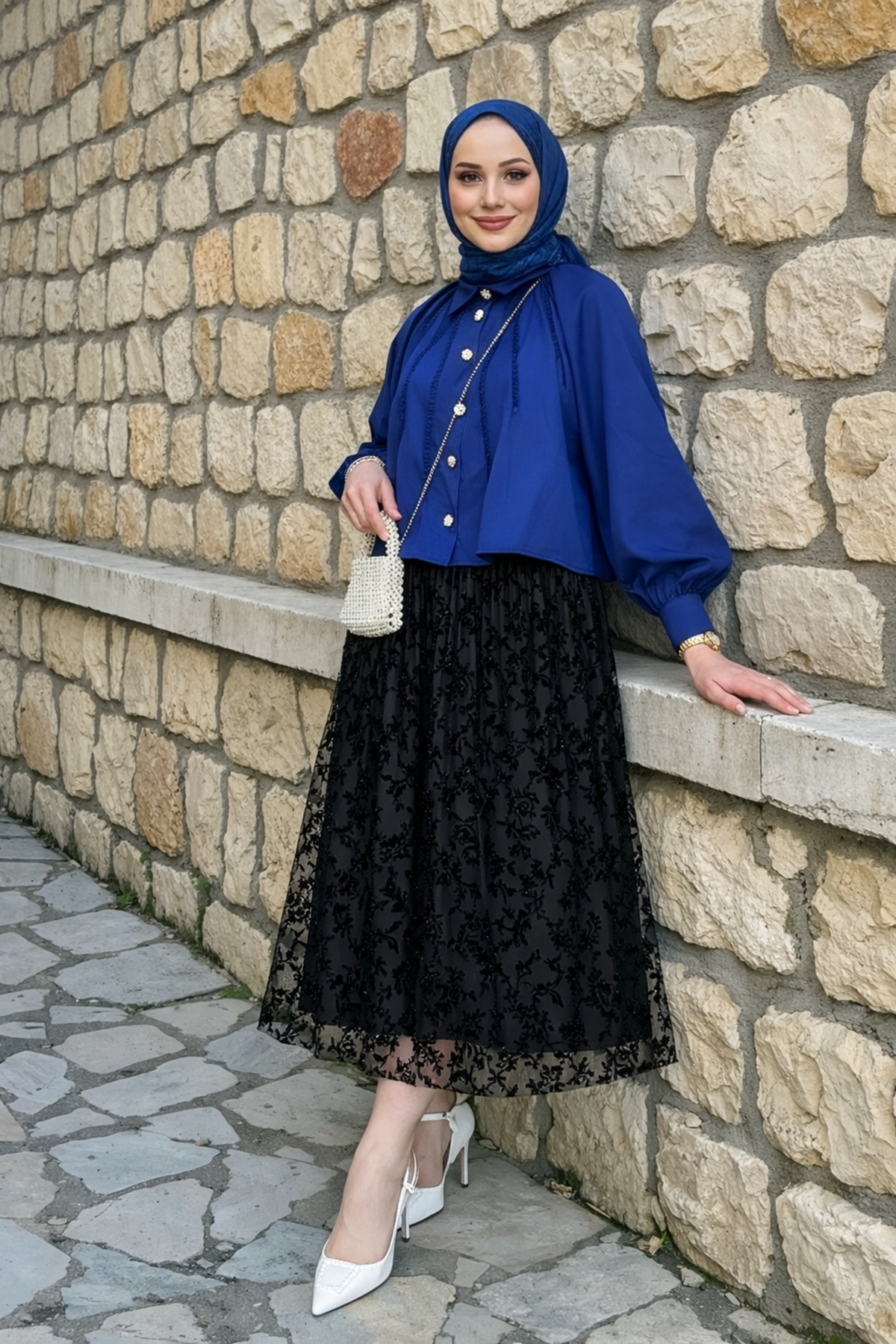 Kadın Premium Comfort Desenli Siyah Uzun Tül Tesettür Etek