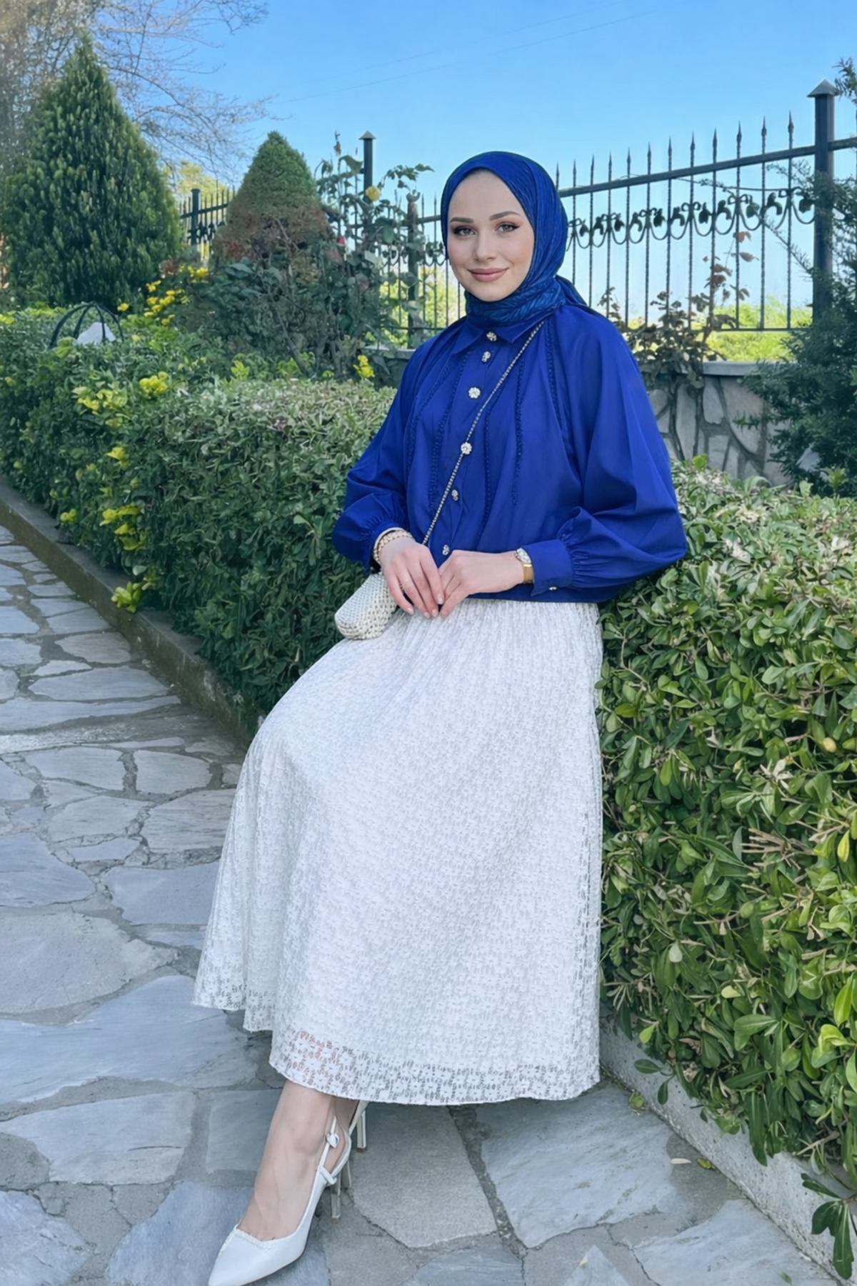 Kadın Premium Comfort Desenli Beyaz Uzun Tül Tesettür Etek