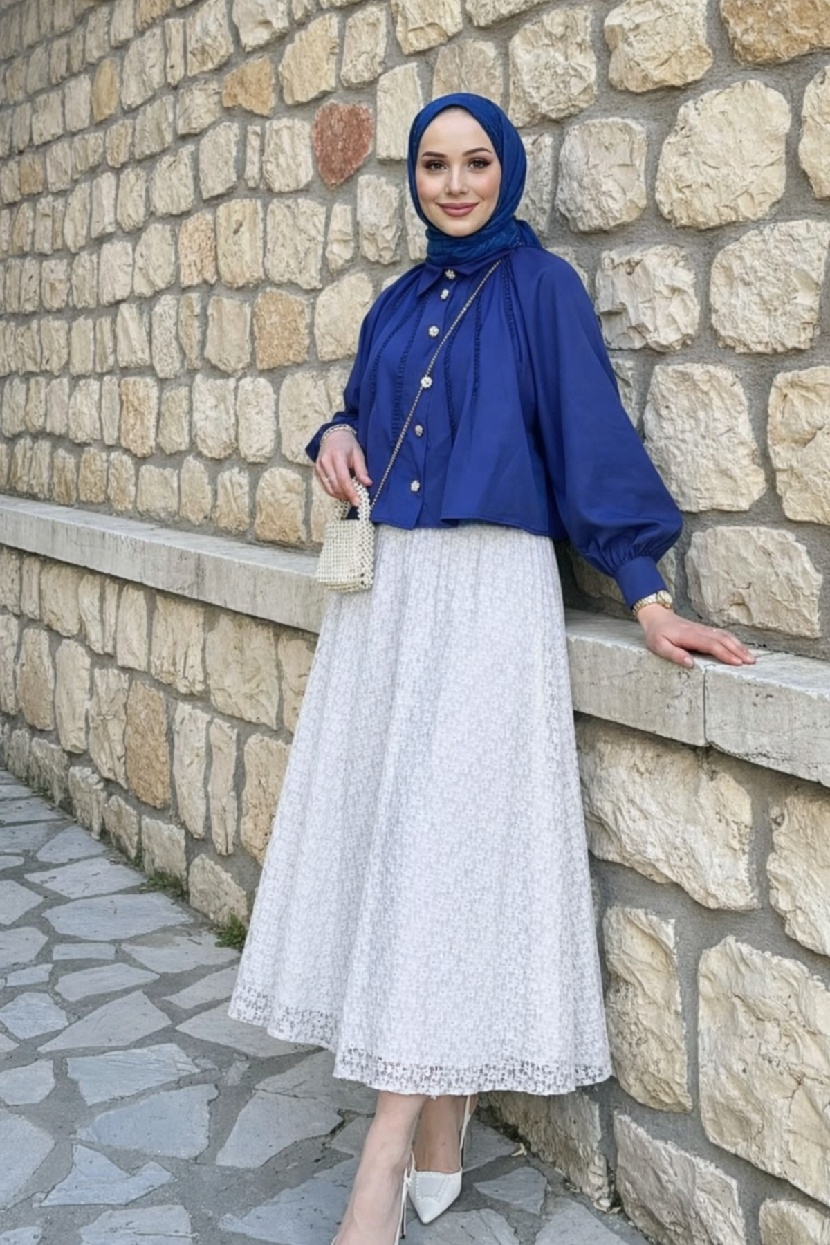 Kadın Premium Comfort Desenli Beyaz Uzun Tül Tesettür Etek