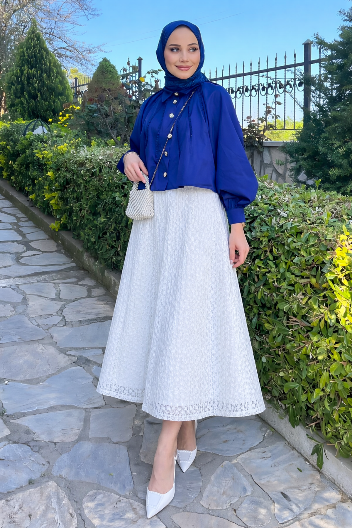 Kadın Premium Comfort Desenli Beyaz Uzun Tül Tesettür Etek