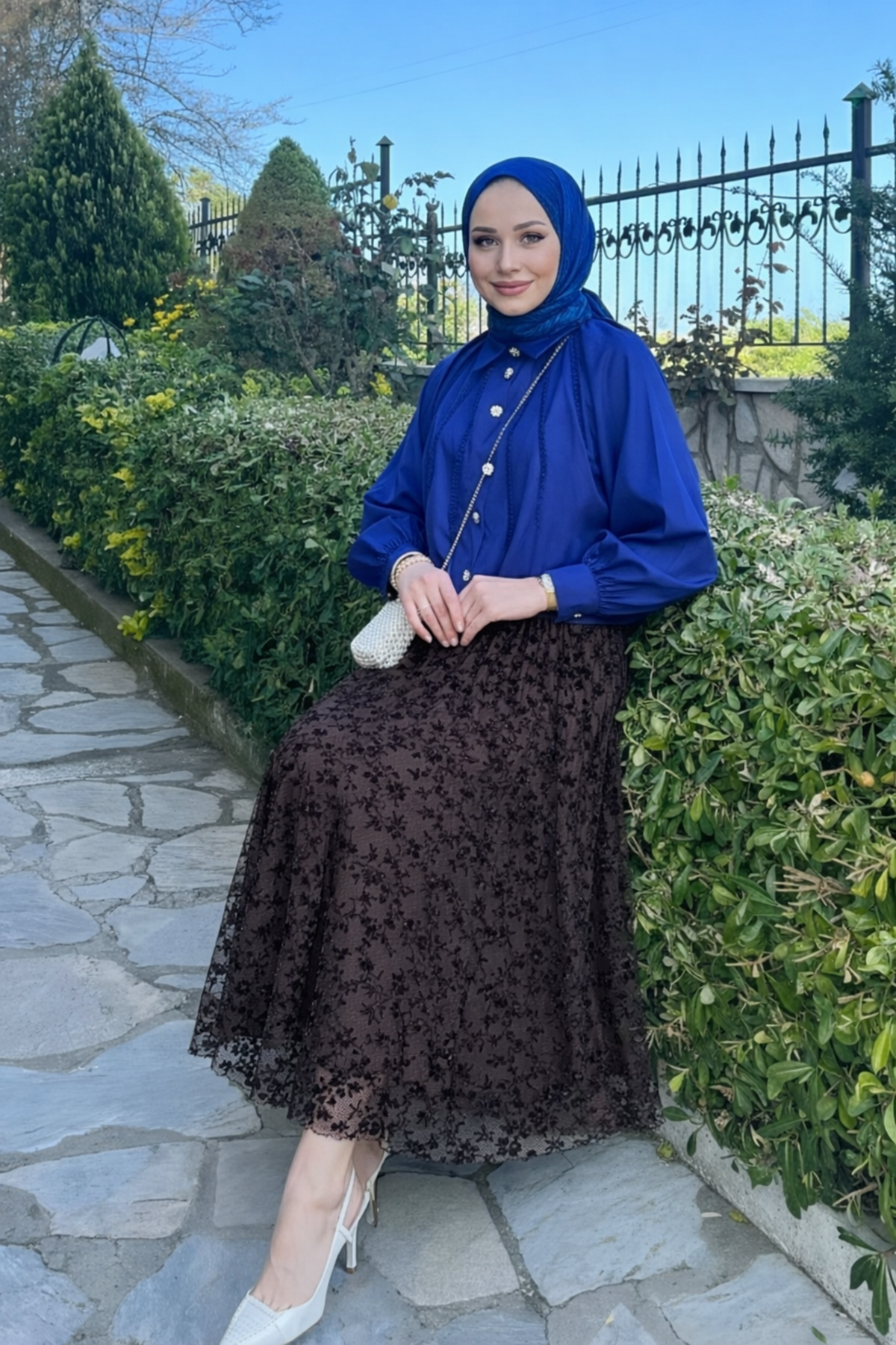 Kadın Premium Comfort Desenli Kahve Uzun Tül Tesettür Etek