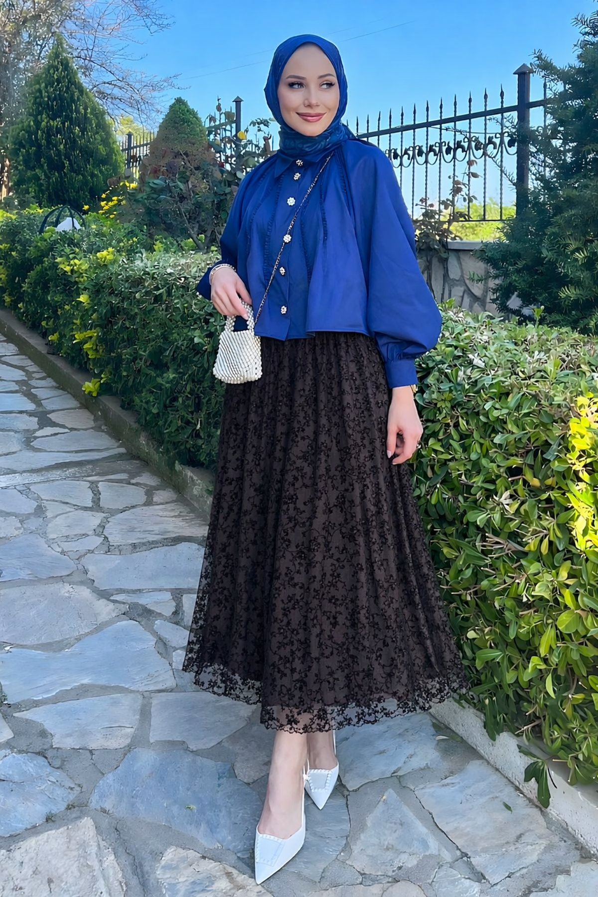 Kadın Premium Comfort Desenli Kahve Uzun Tül Tesettür Etek