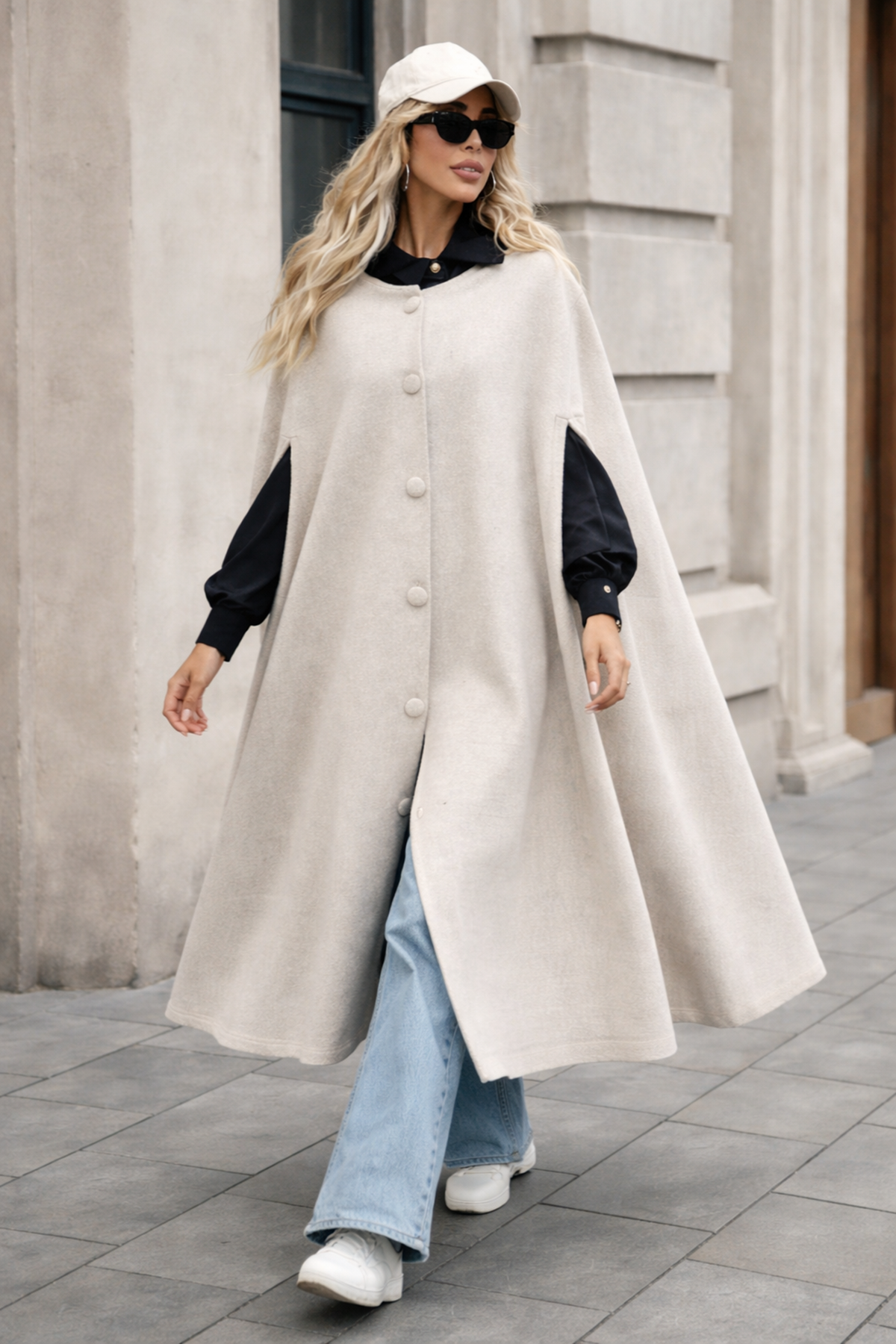 Kadın Düğmeli Premium Comfort Krem Kaşe Panço