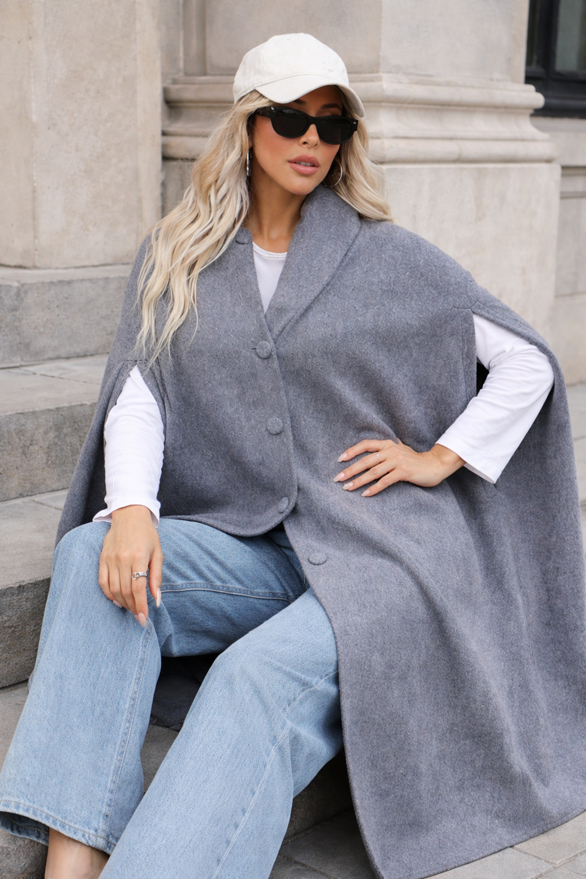 Kadın Düğmeli Premium Comfort Füme Kaşe Panço