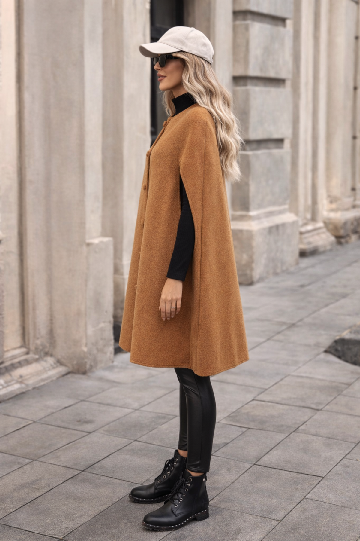 Kadın Düğmeli Premium Comfort Taba Kaşe Panço