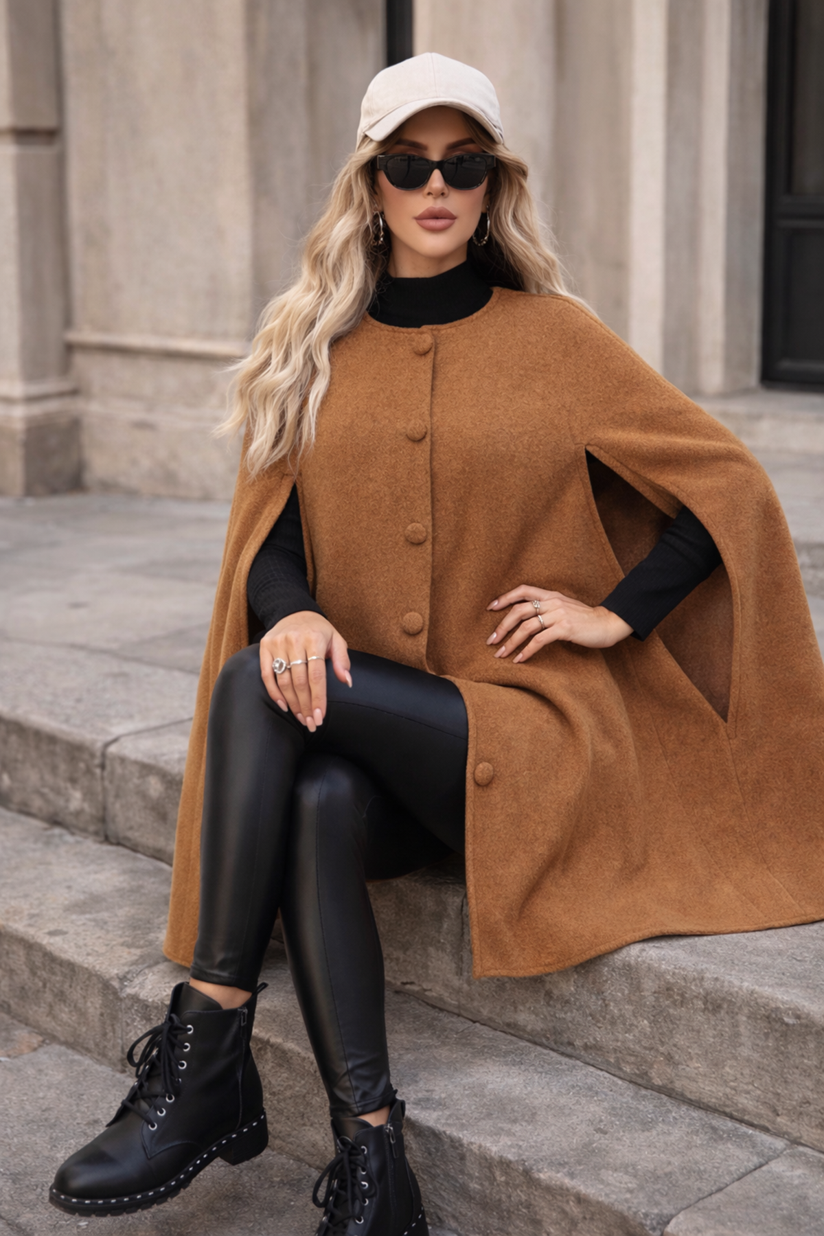 Kadın Düğmeli Premium Comfort Taba Kaşe Panço