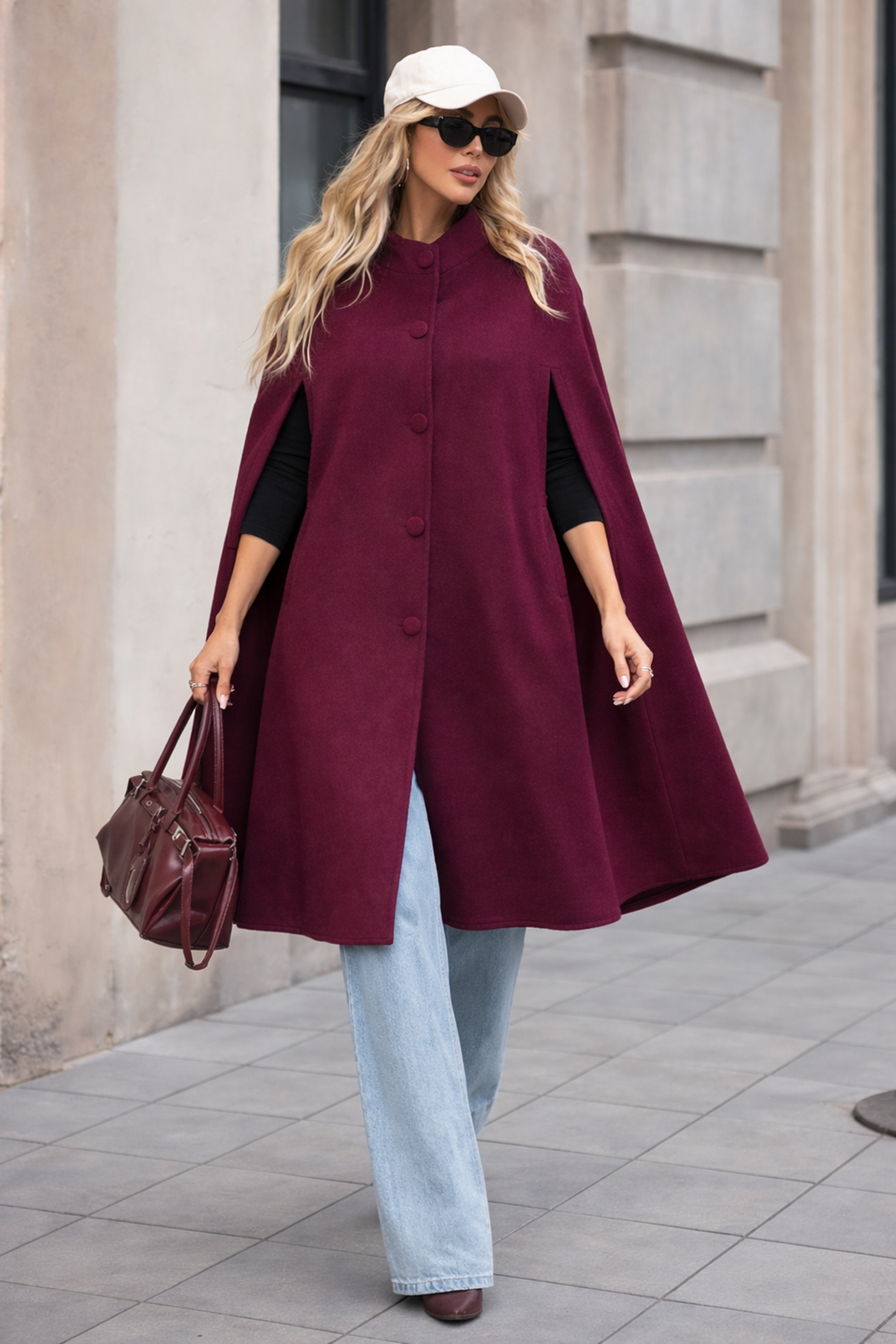 Kadın Düğmeli Premium Comfort Bordo Kaşe Panço