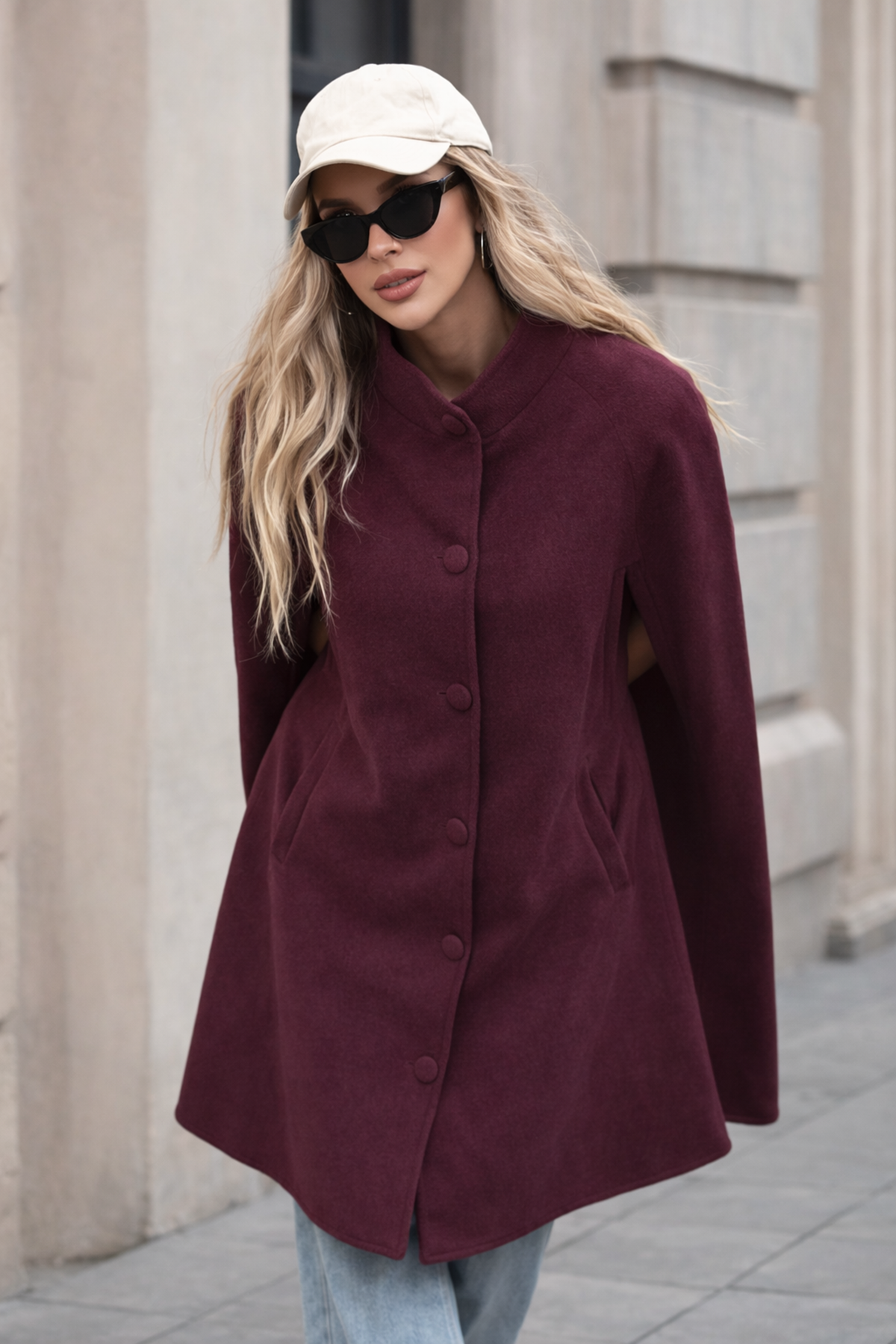 Kadın Düğmeli Premium Comfort Bordo Kaşe Panço