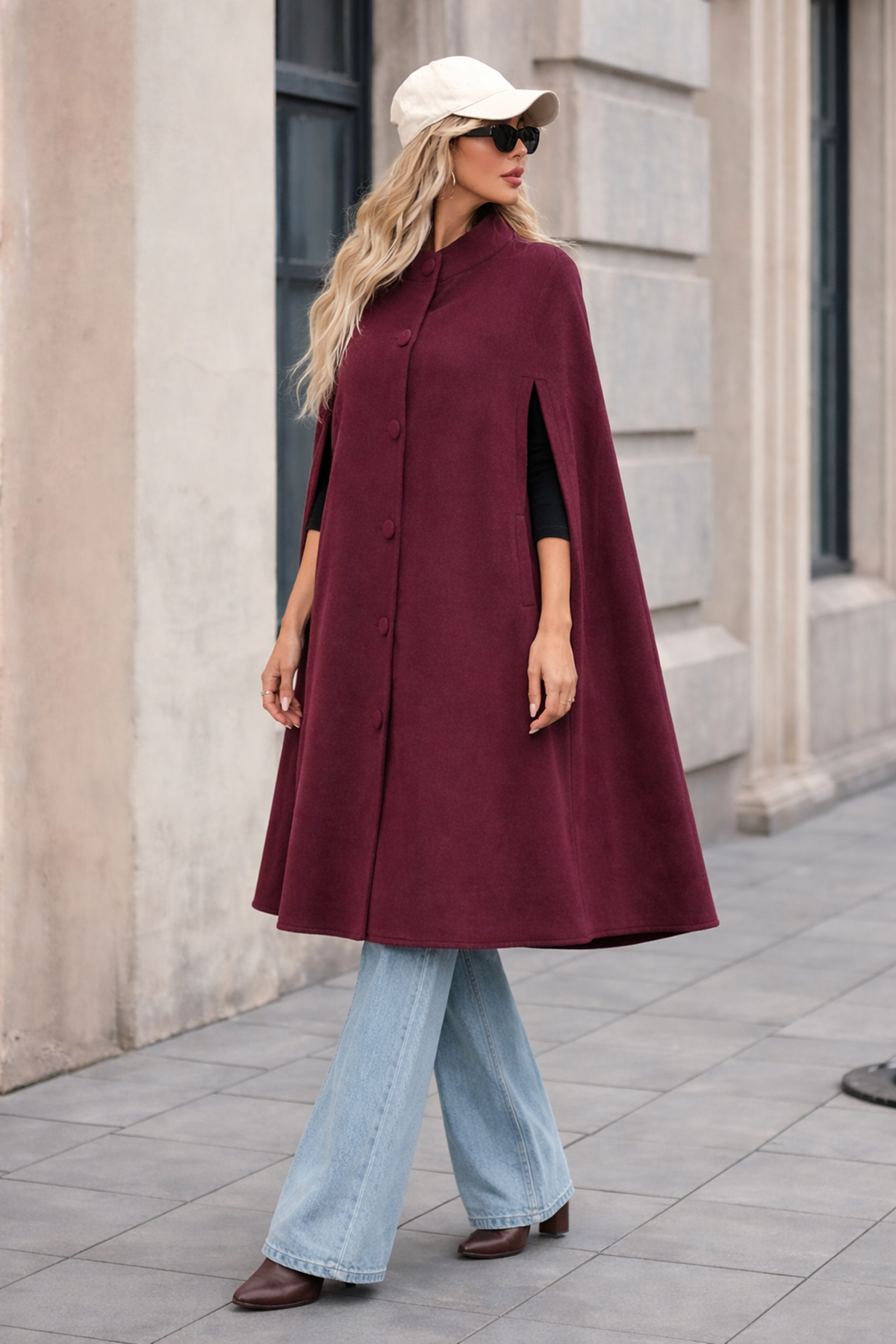 Kadın Düğmeli Premium Comfort Bordo Kaşe Panço