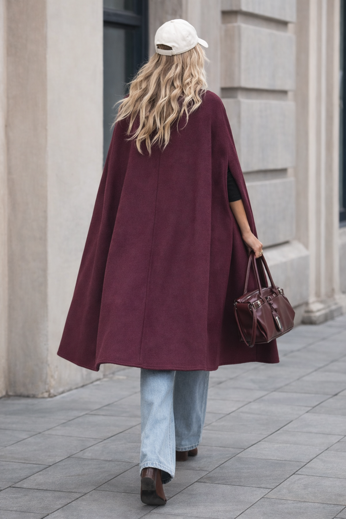 Kadın Düğmeli Premium Comfort Bordo Kaşe Panço