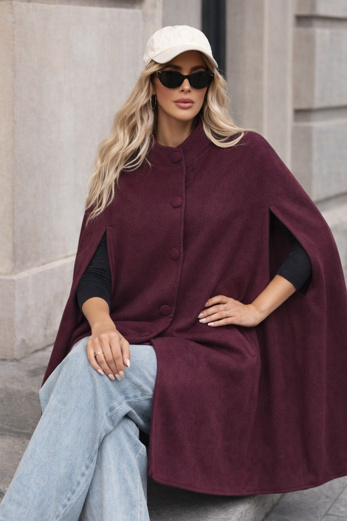 Kadın Düğmeli Premium Comfort Bordo Kaşe Panço
