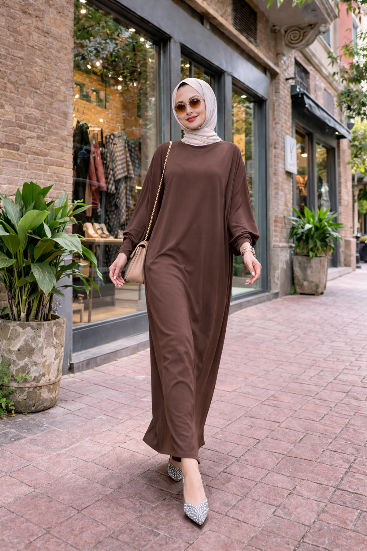 Kadın Premium Comfort Uzun Kahve Namaz Elbisesi