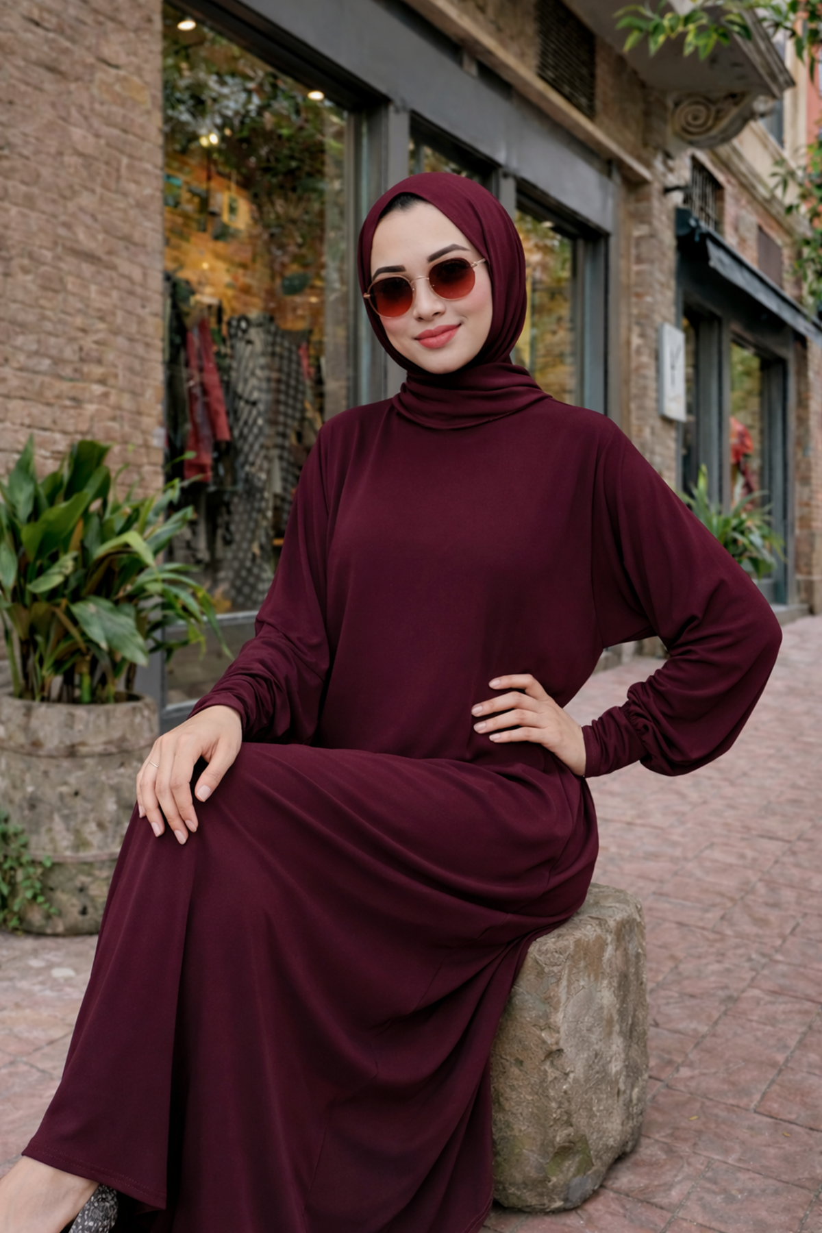 Kadın Premium Comfort Uzun Bordo Namaz Elbisesi