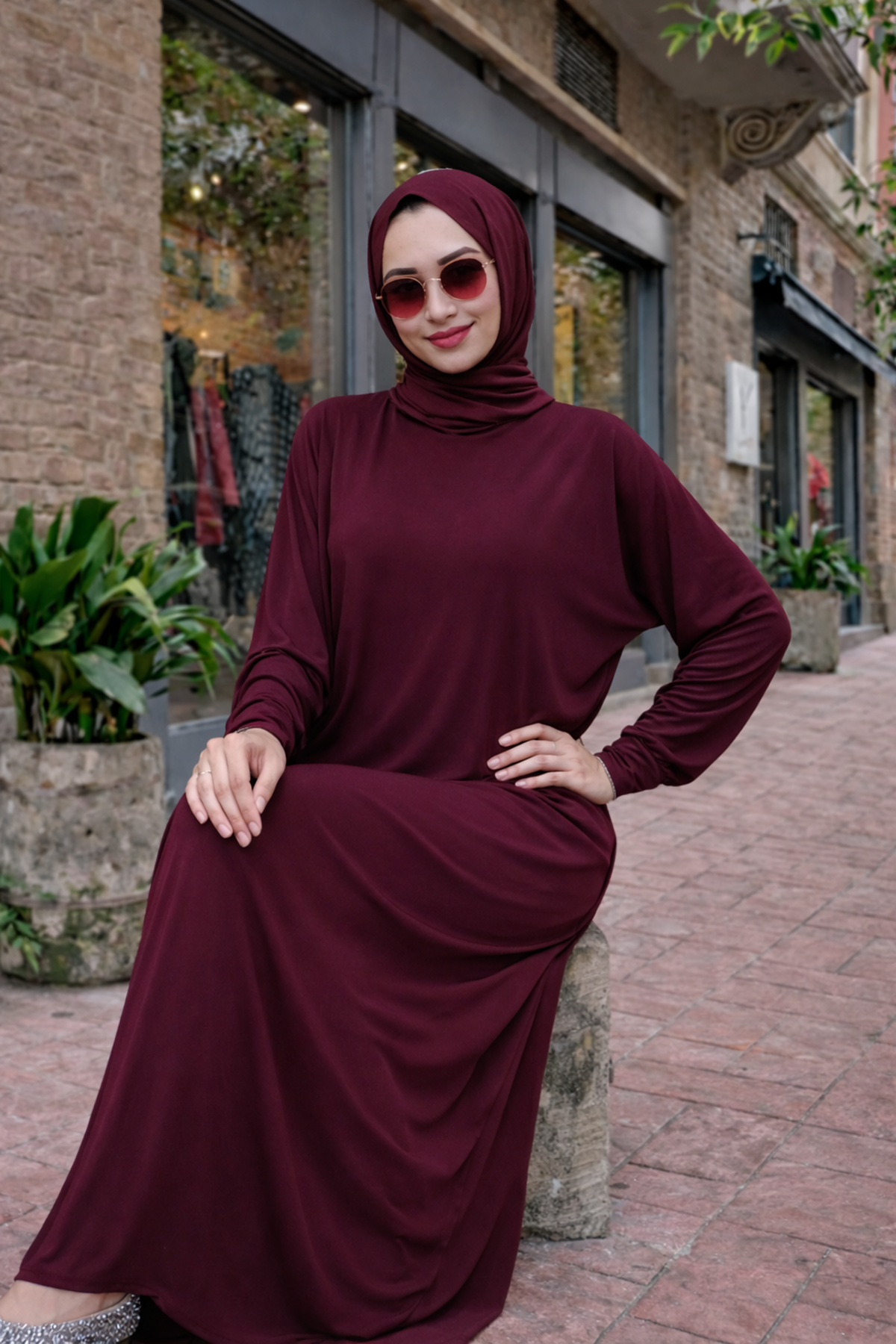 Kadın Premium Comfort Uzun Bordo Namaz Elbisesi