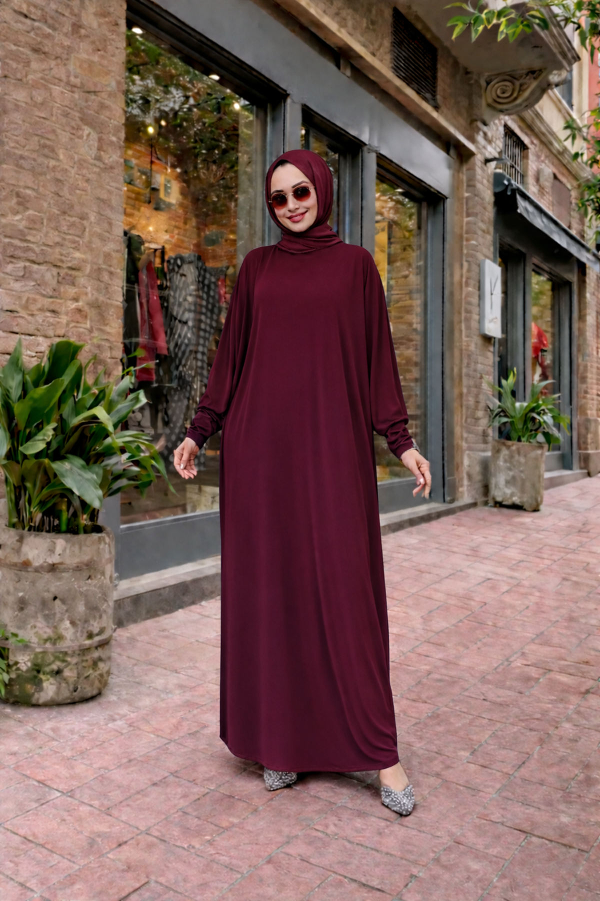Kadın Premium Comfort Uzun Bordo Namaz Elbisesi