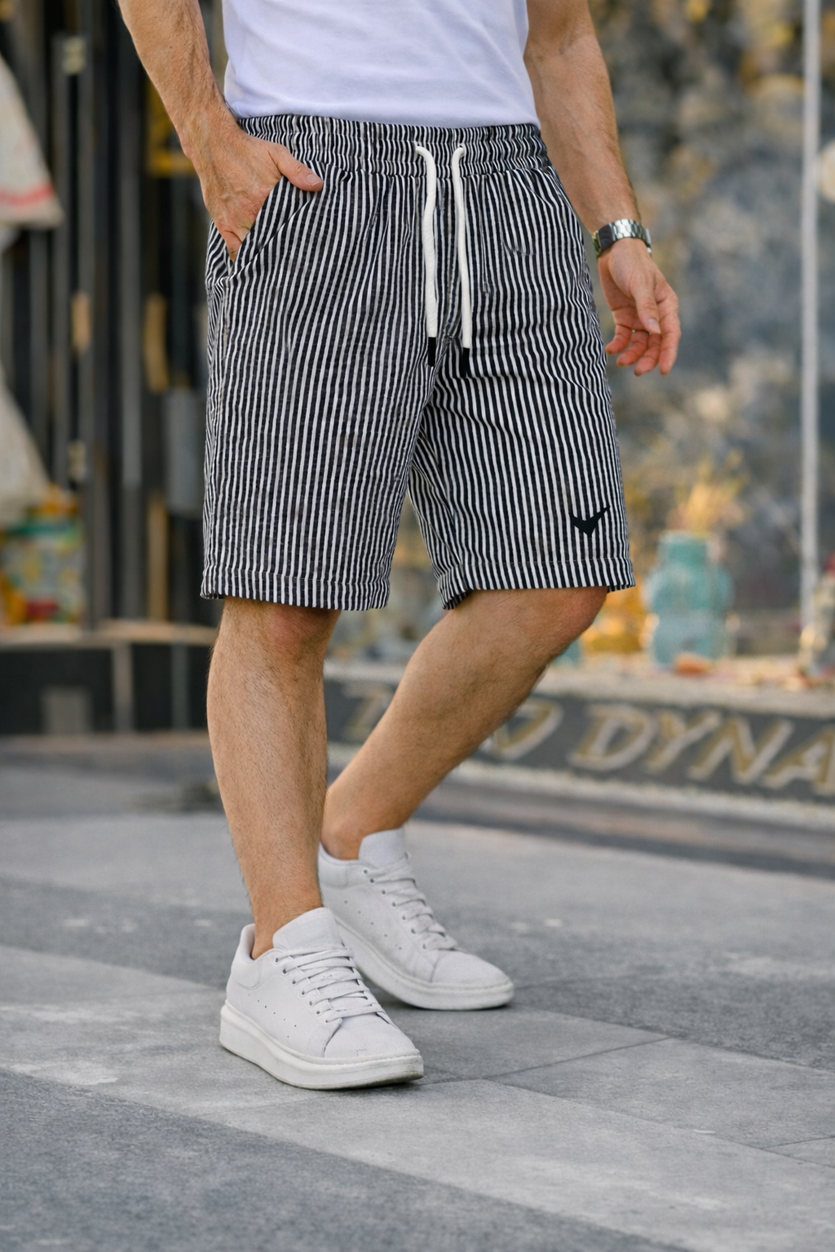 Erkek Trend Premium Nakışlı Çizgili Füme Şort