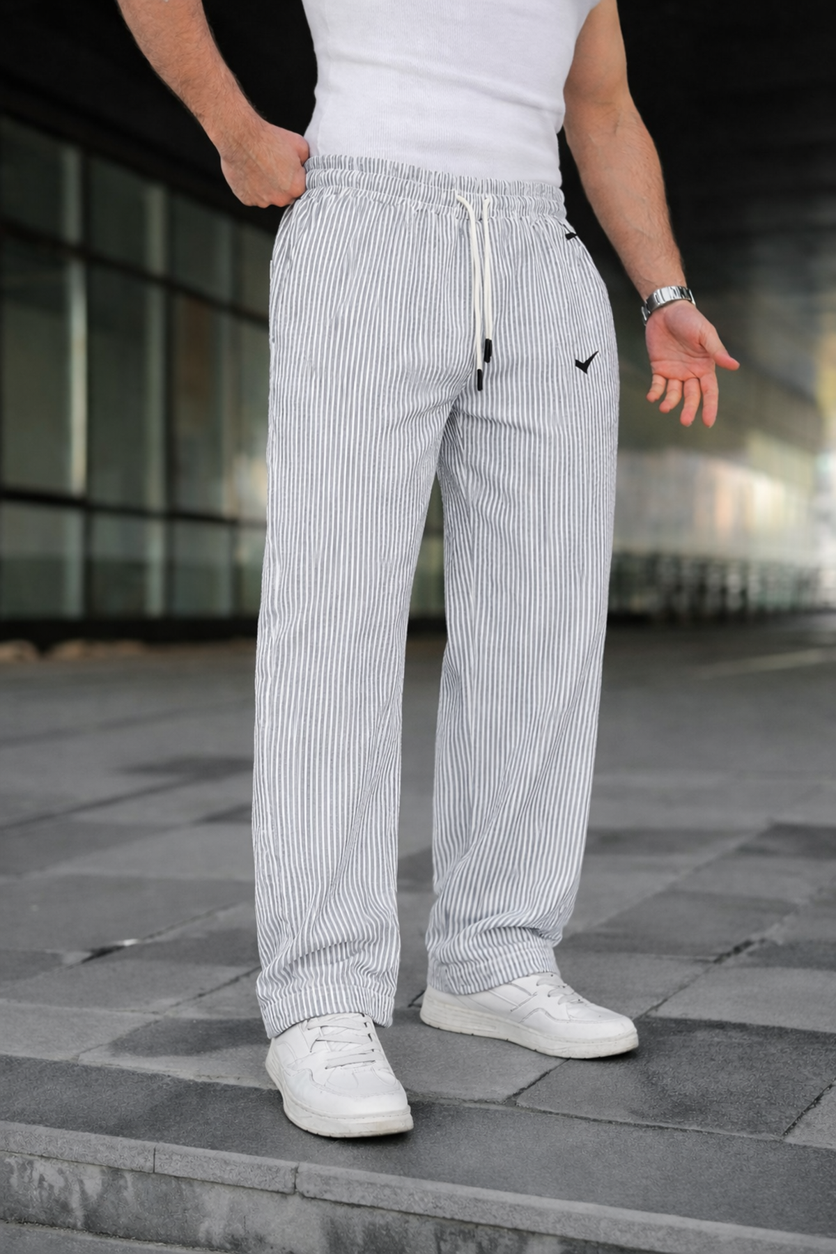 Erkek Trend Lastikli Çizgili Bol Gri Eşofman Altı