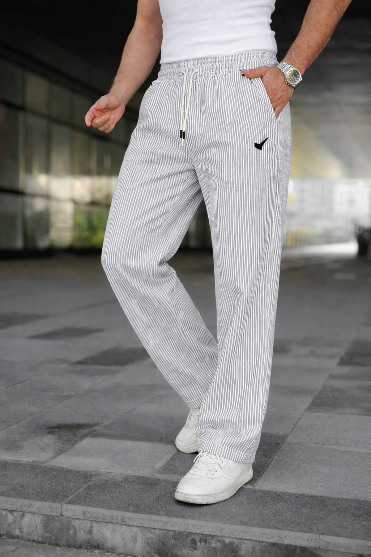 Erkek Trend Lastikli Çizgili Bol Gri Eşofman Altı