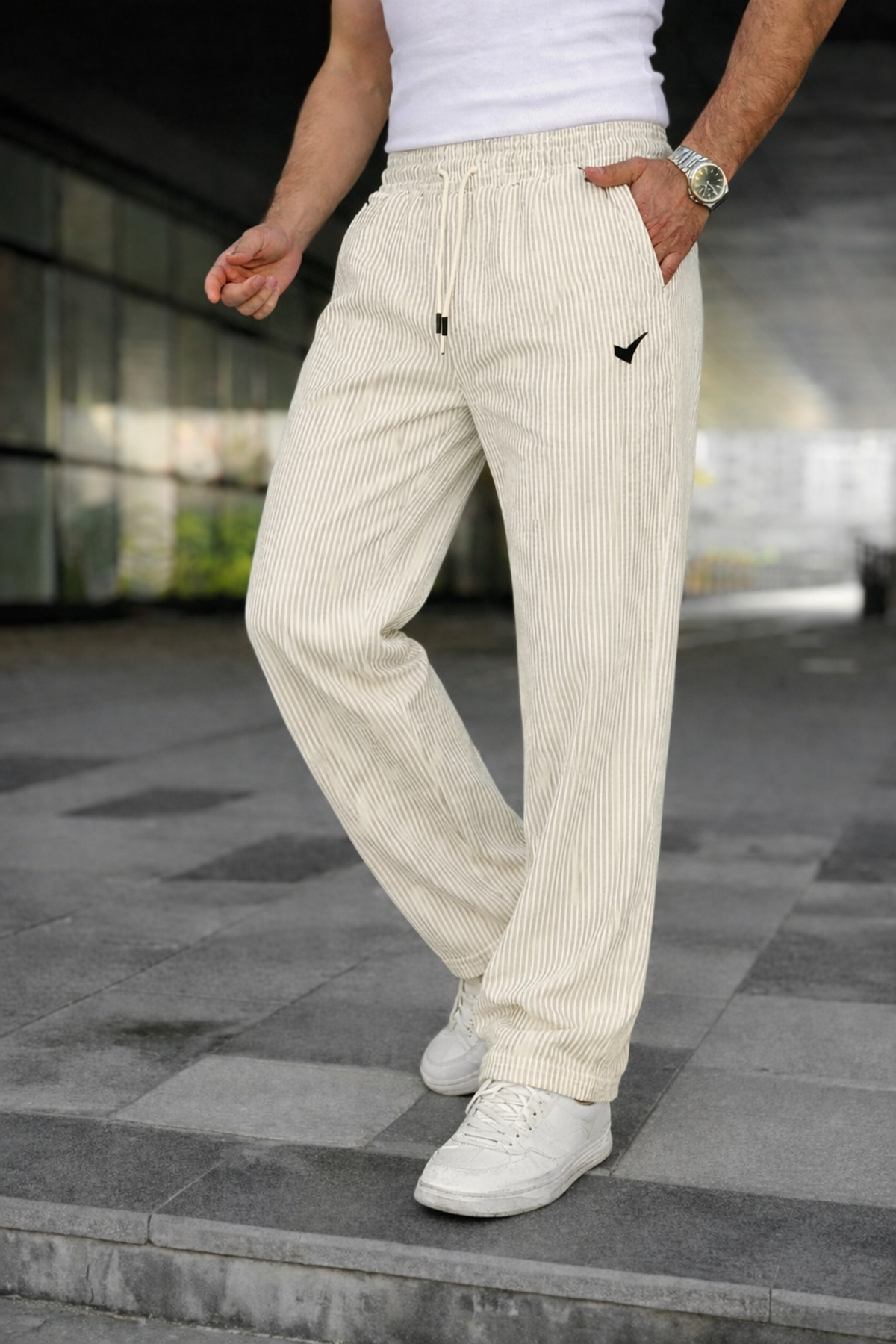 Erkek Trend Lastikli Çizgili Bol Krem Eşofman Altı