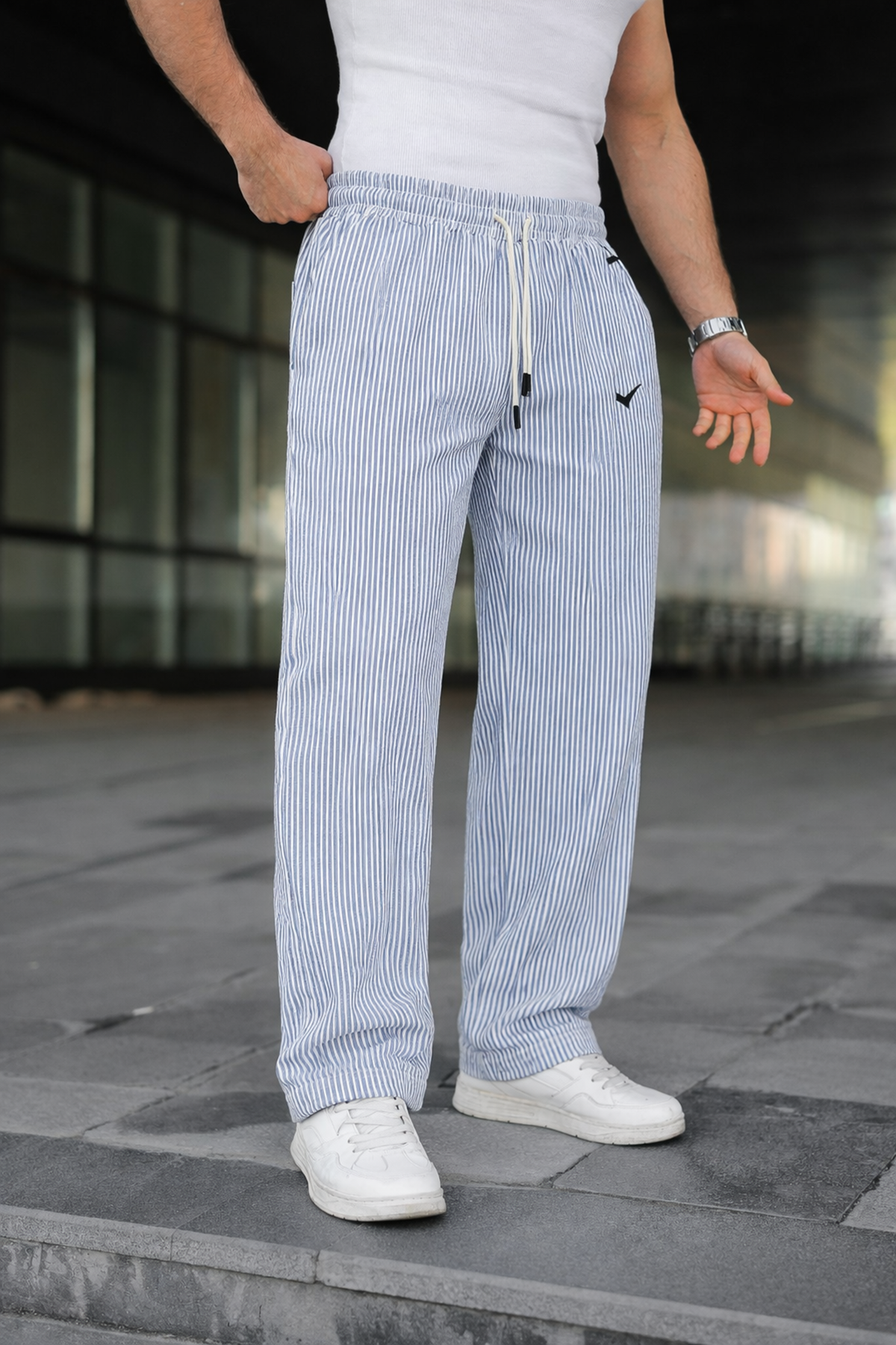 Erkek Trend Lastikli Çizgili Bol Mavi Eşofman Altı