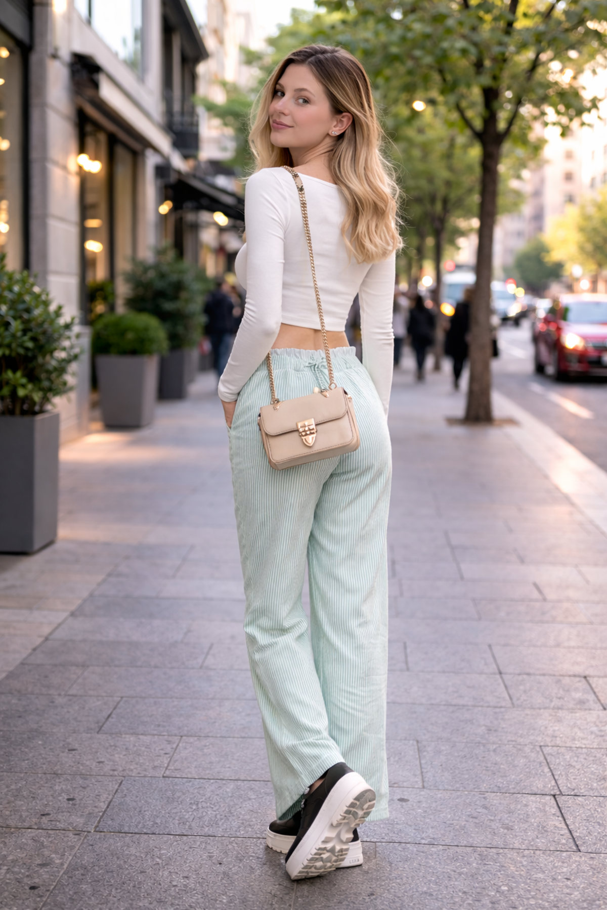 Kadın Trend Çizgili Bol Paça S.Yeşil Palazzo Pantolon