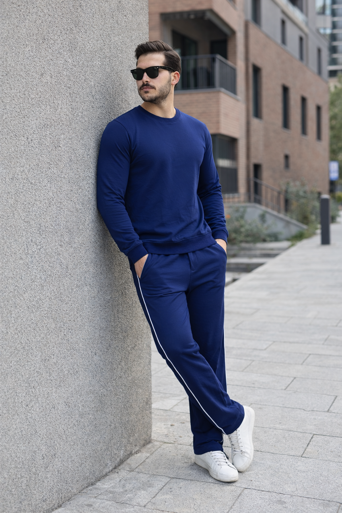 Erkek Çizgili Bisiklet Yaka Dar Lacivert Eşofman Takımı