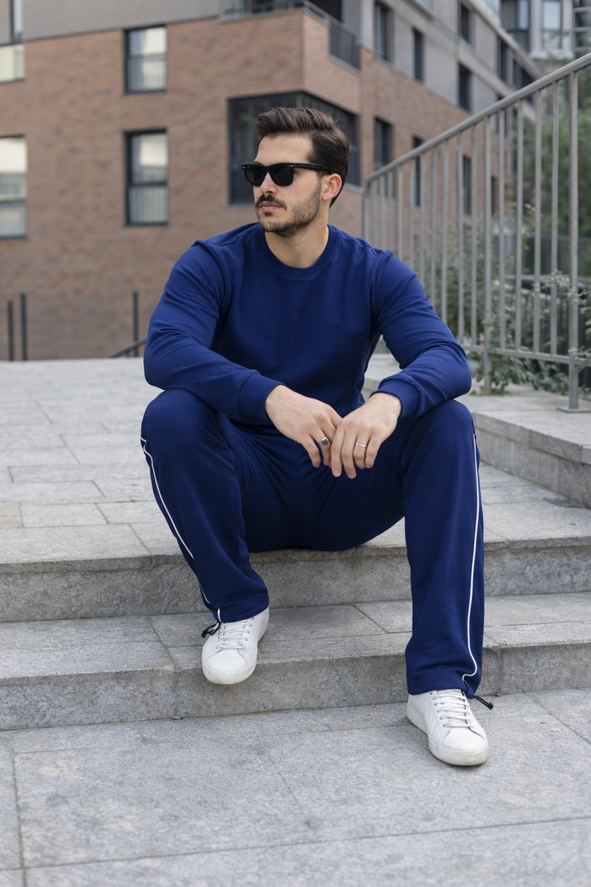 Erkek Çizgili Bisiklet Yaka Dar Lacivert Eşofman Takımı