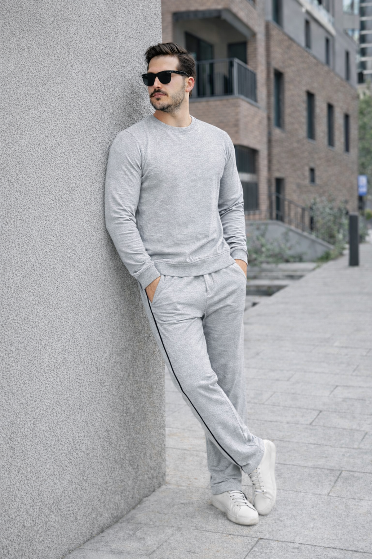 Erkek Çizgili Bisiklet Yaka Dar A.Gri Eşofman Takımı