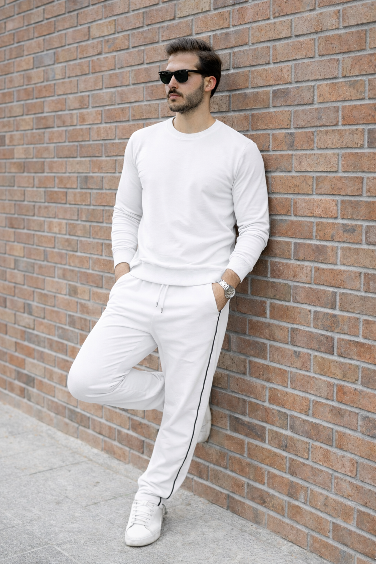 Erkek Çizgili Bisiklet Yaka Dar Beyaz Eşofman Takımı