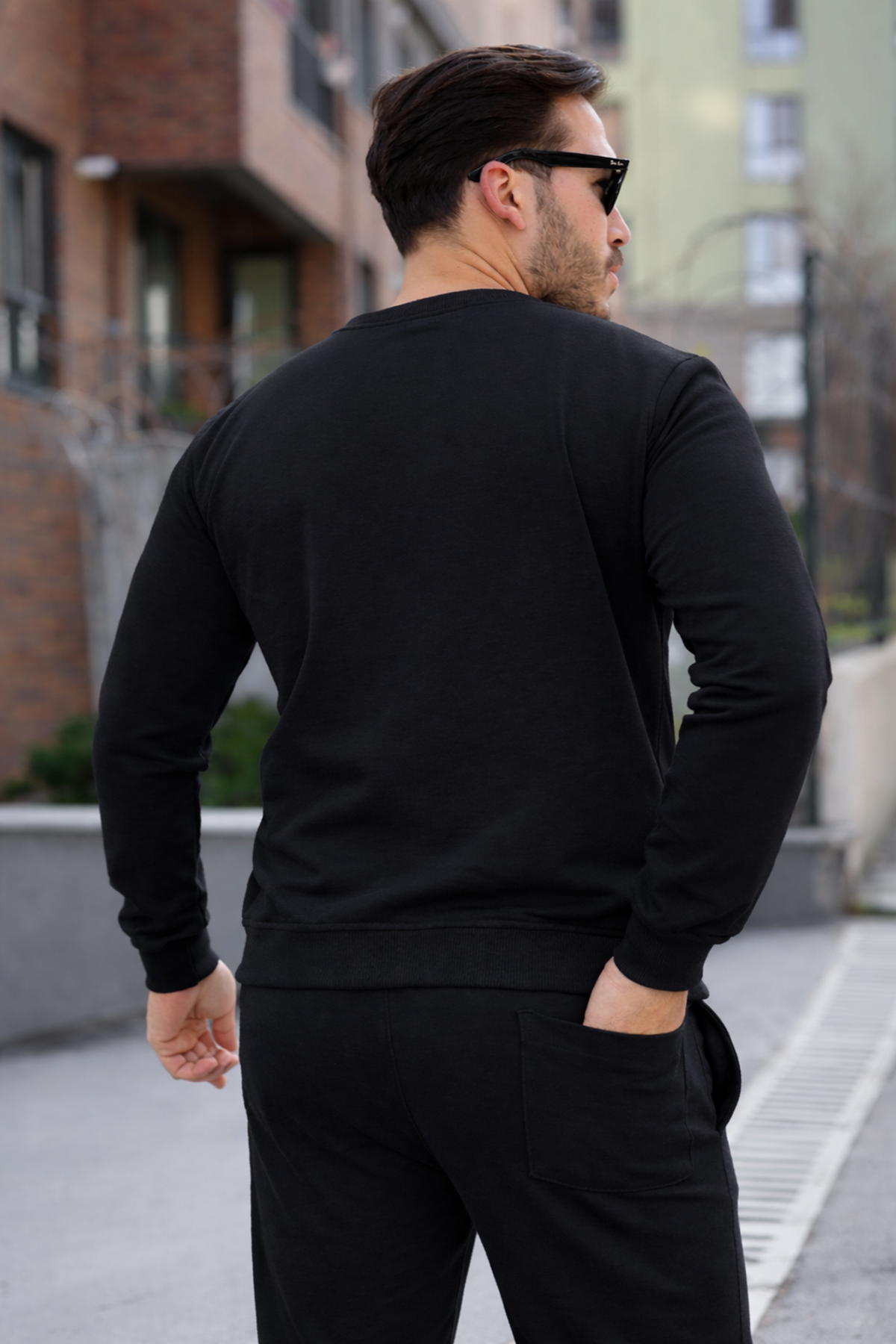 Erkek Pamuklu Bisiklet Yaka Dar Siyah Eşofman Takımı