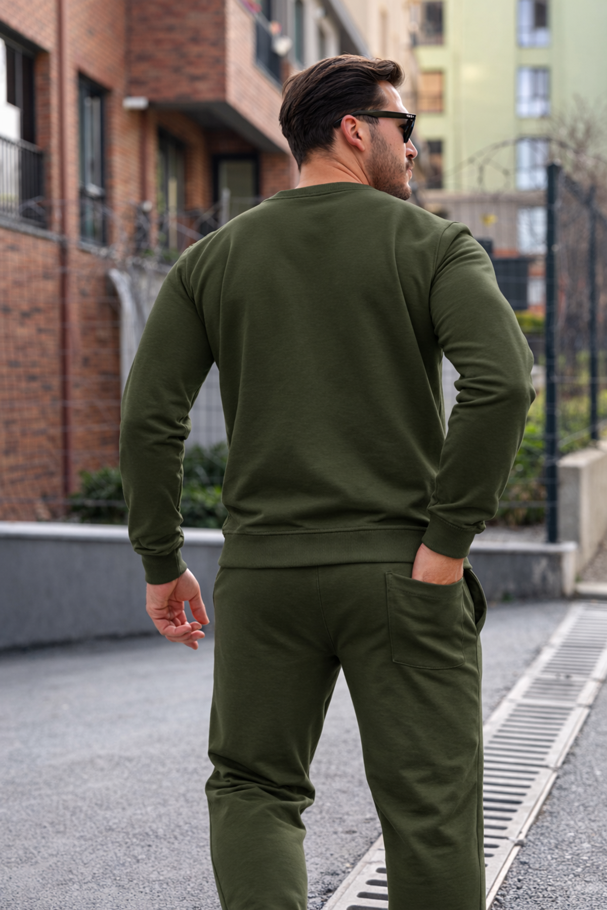 Erkek Pamuklu Bisiklet Yaka Dar Haki Eşofman Takımı