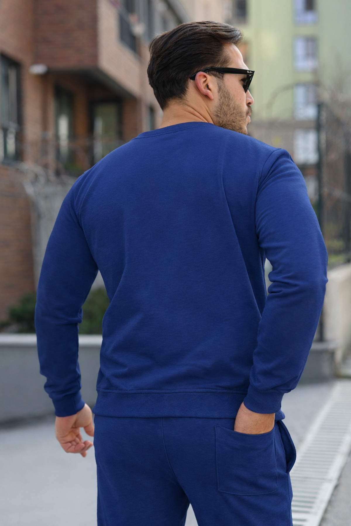 Erkek Pamuklu Bisiklet Yaka Dar Lacivert Eşofman Takımı