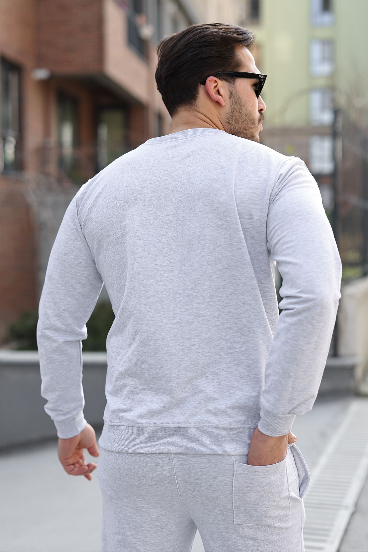 Erkek Pamuklu Bisiklet Yaka Dar A.Gri Eşofman Takımı