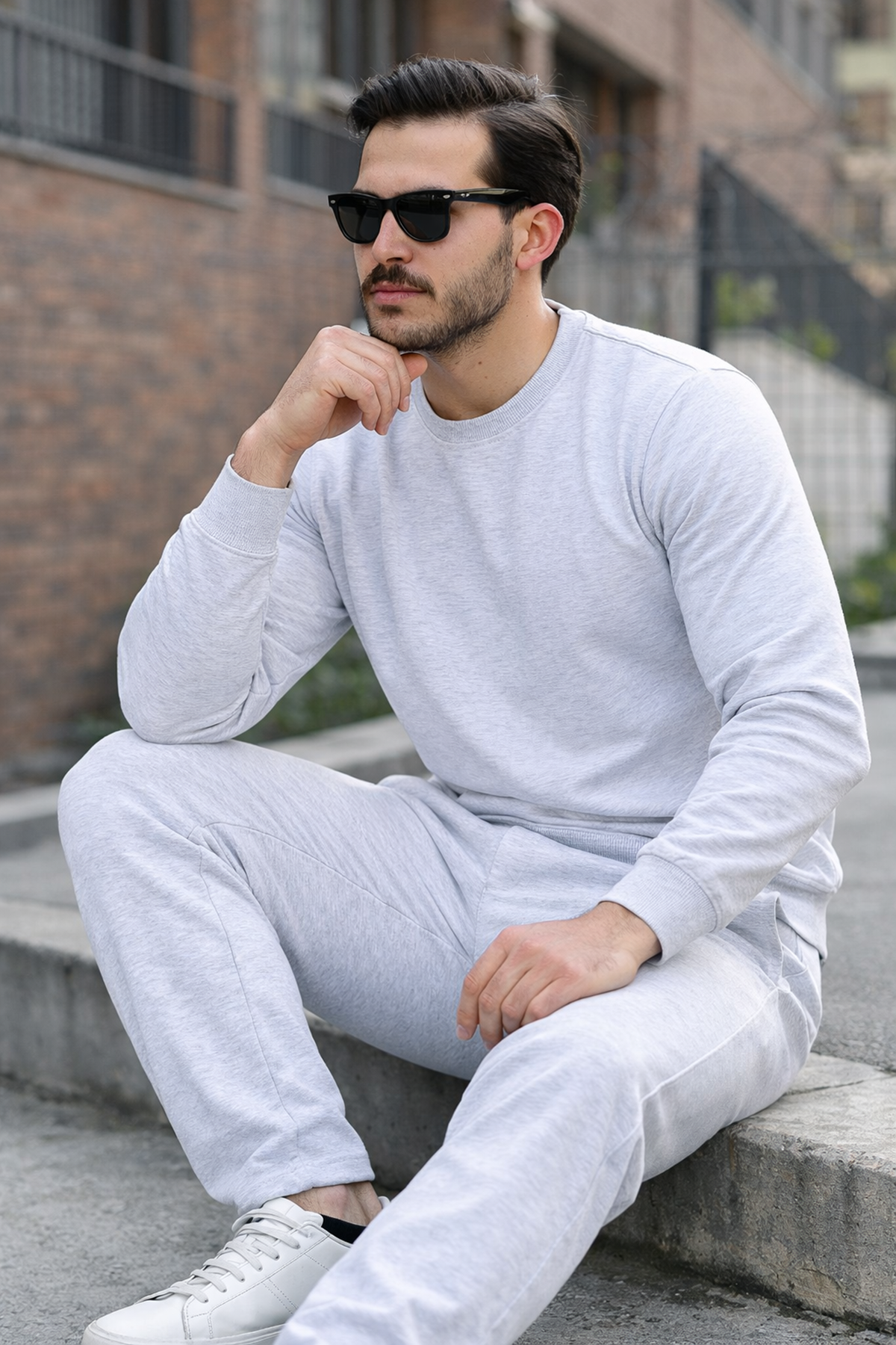 Erkek Pamuklu Bisiklet Yaka Dar A.Gri Eşofman Takımı