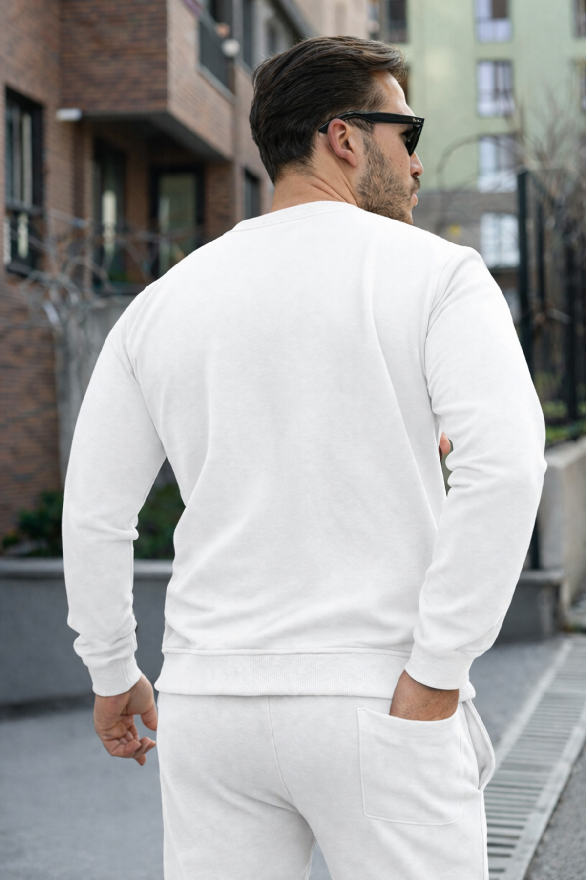 Erkek Pamuklu Bisiklet Yaka Dar Beyaz Eşofman Takımı