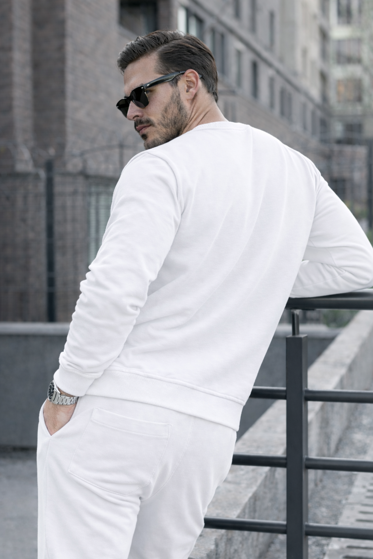 Erkek Pamuklu Bisiklet Yaka Dar Beyaz Eşofman Takımı